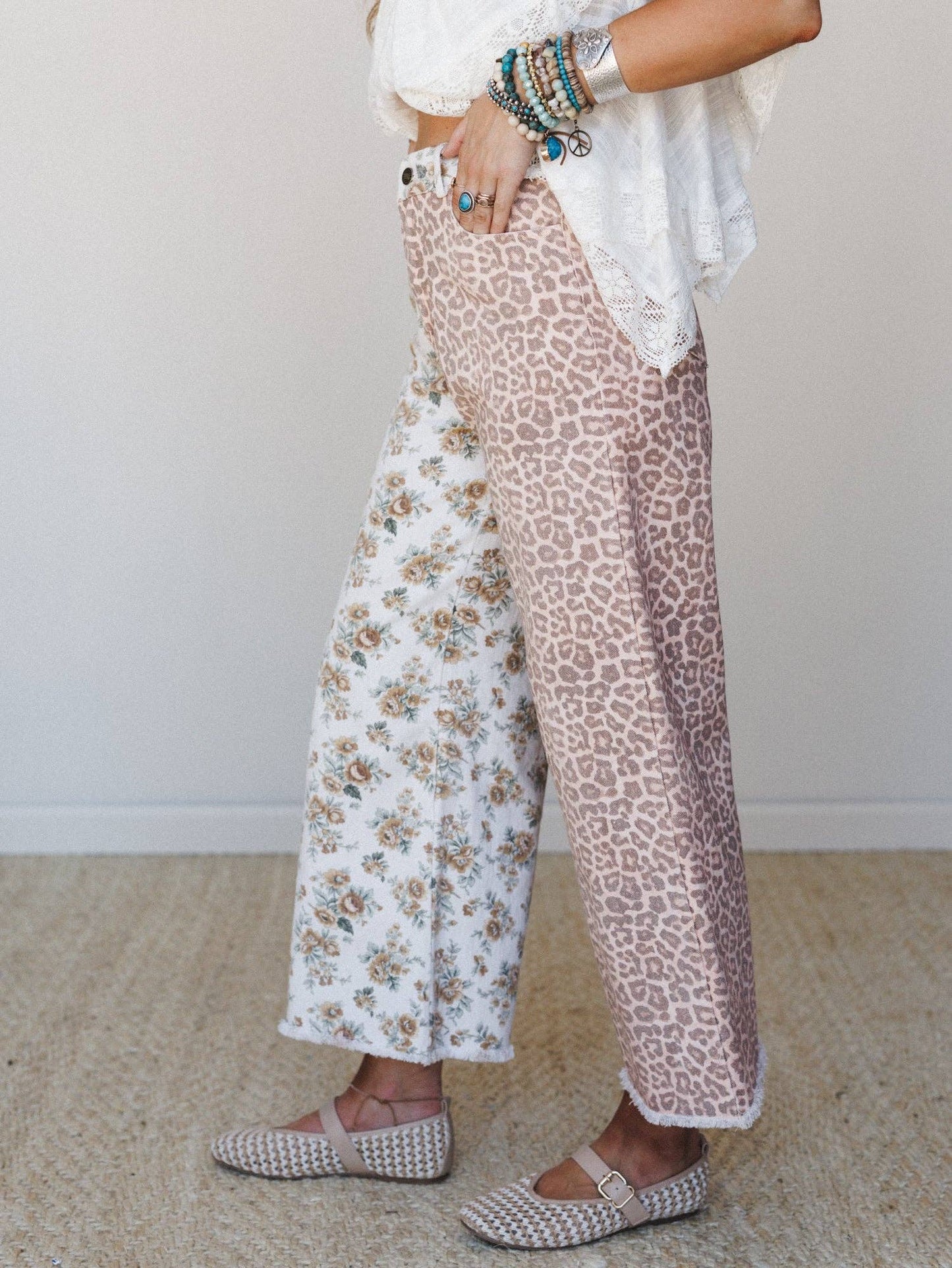 Ezra Mixed Print Wide Leg Jeans - Ivory Multi