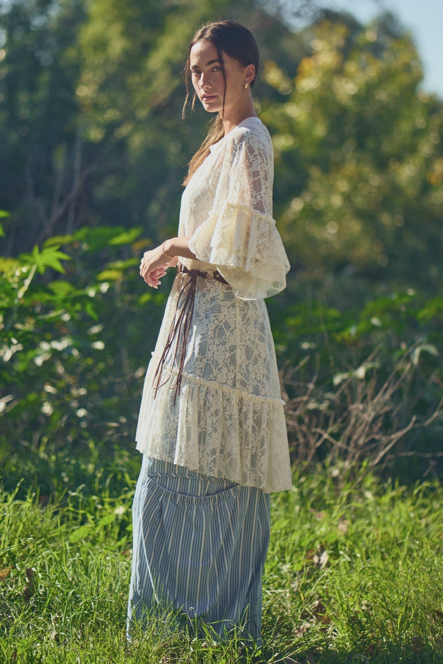 SHEERED LACE TIERED SLEEVE FLOWY TUNIC TOP