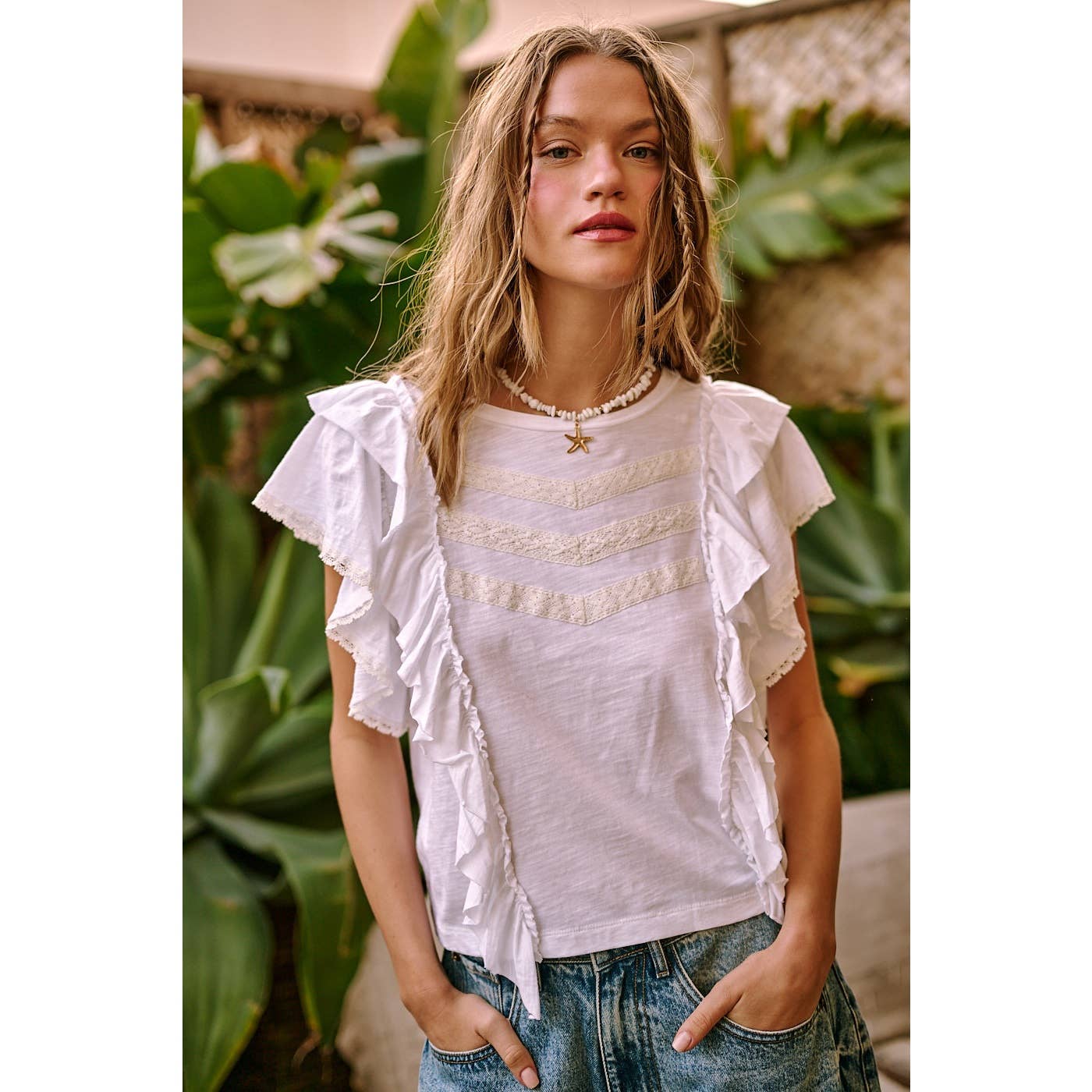 LACE AND RUFFLE ROUND NECK SHORT SLEEVE TOP