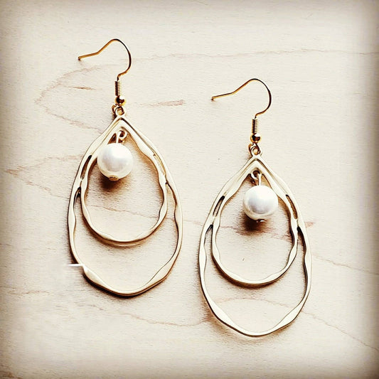 Matte Gold Double Hoop Earrings with Pearl Dangle 203t