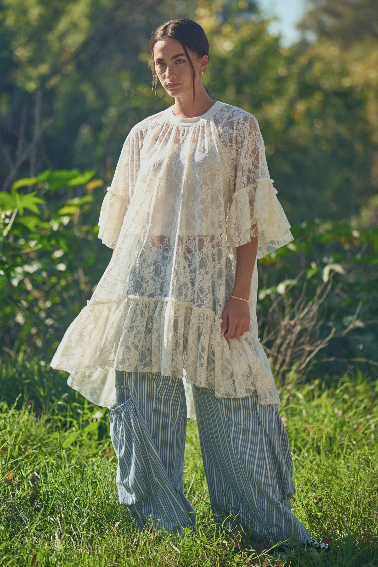 SHEERED LACE TIERED SLEEVE FLOWY TUNIC TOP