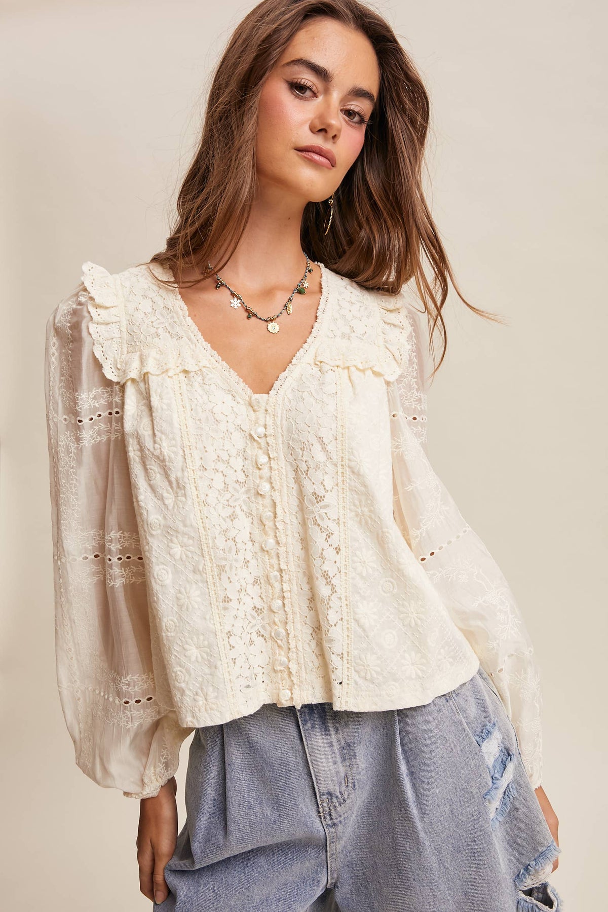 Delicate Embroidered Lace Blouse LT1389