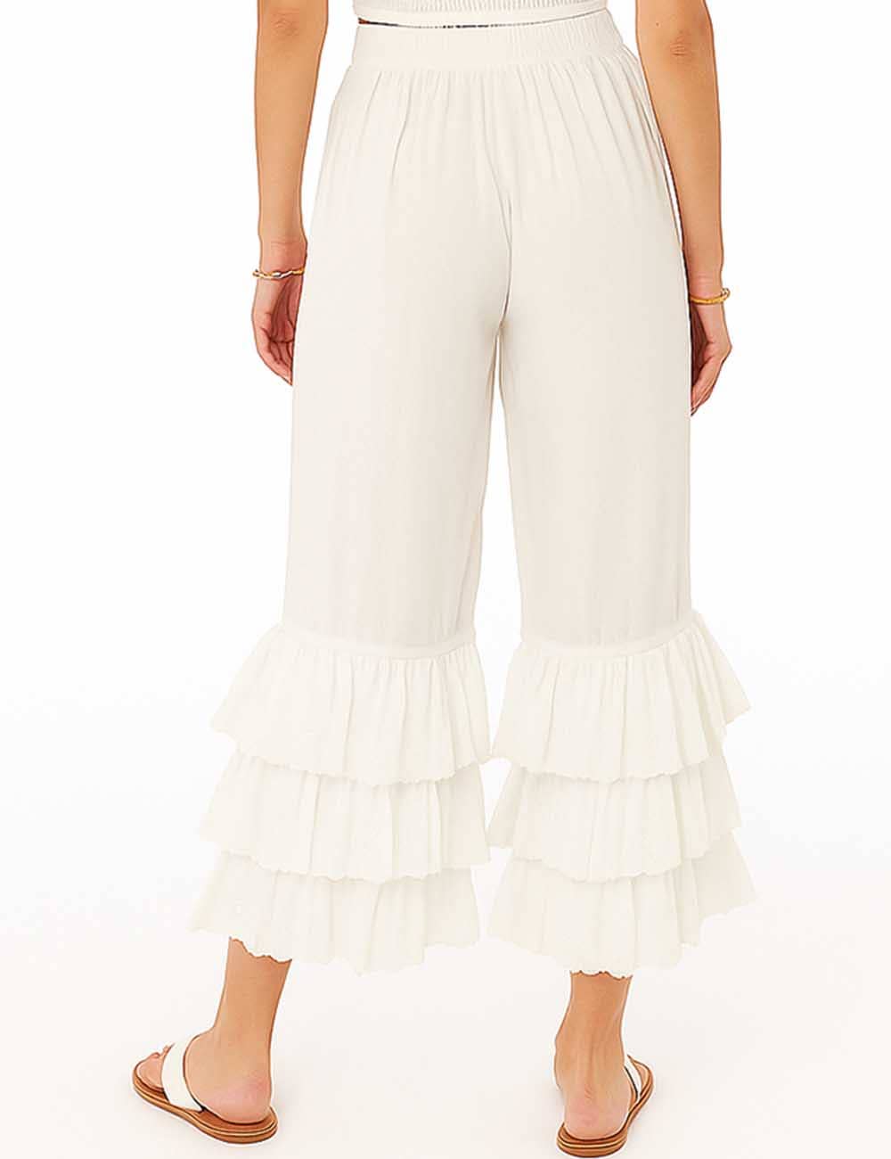Ladies Solid Color Elastic Waist Pull -On Tiered Ruffle Pants
