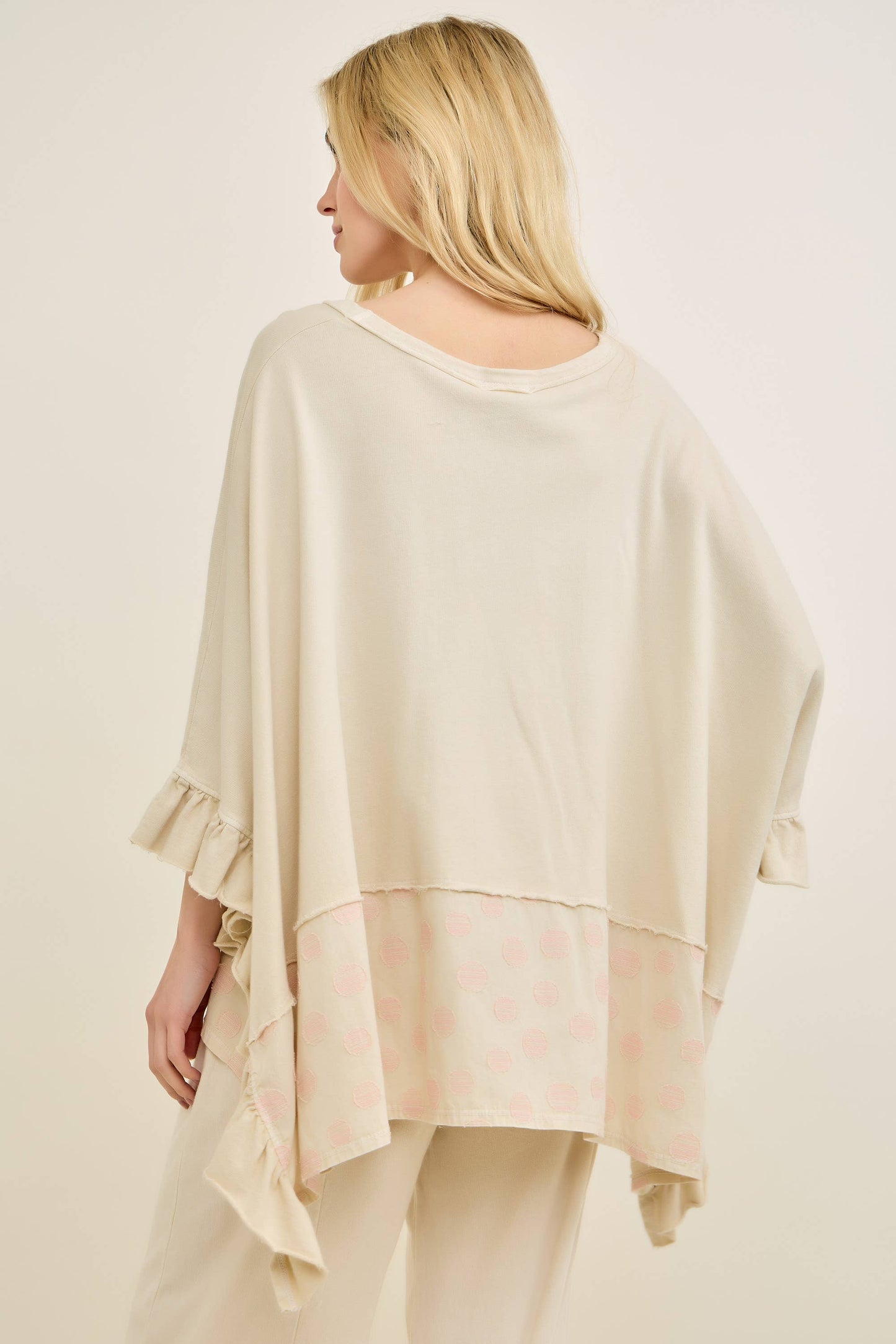 Mineral Washed Boho Polkadot Ruffle Poncho top HT7014P1