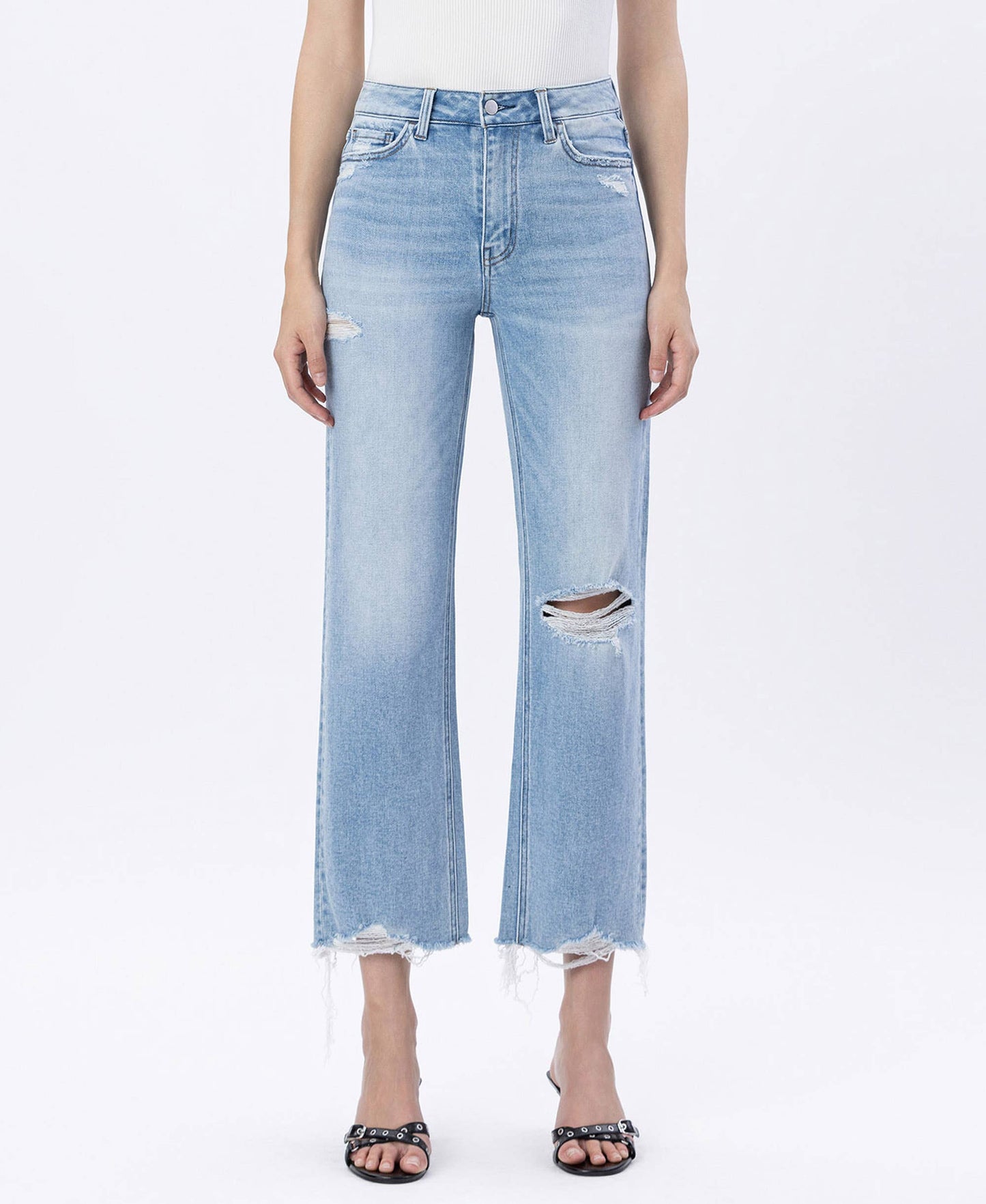 HIGH RISE DISTRESSED CROP SLIM WIDE JEANS F6037