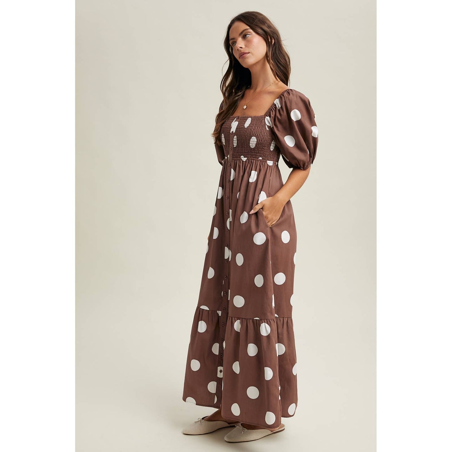 POLKA DOT PUFF SLEEVE MAXI DRESS / WL25-12140