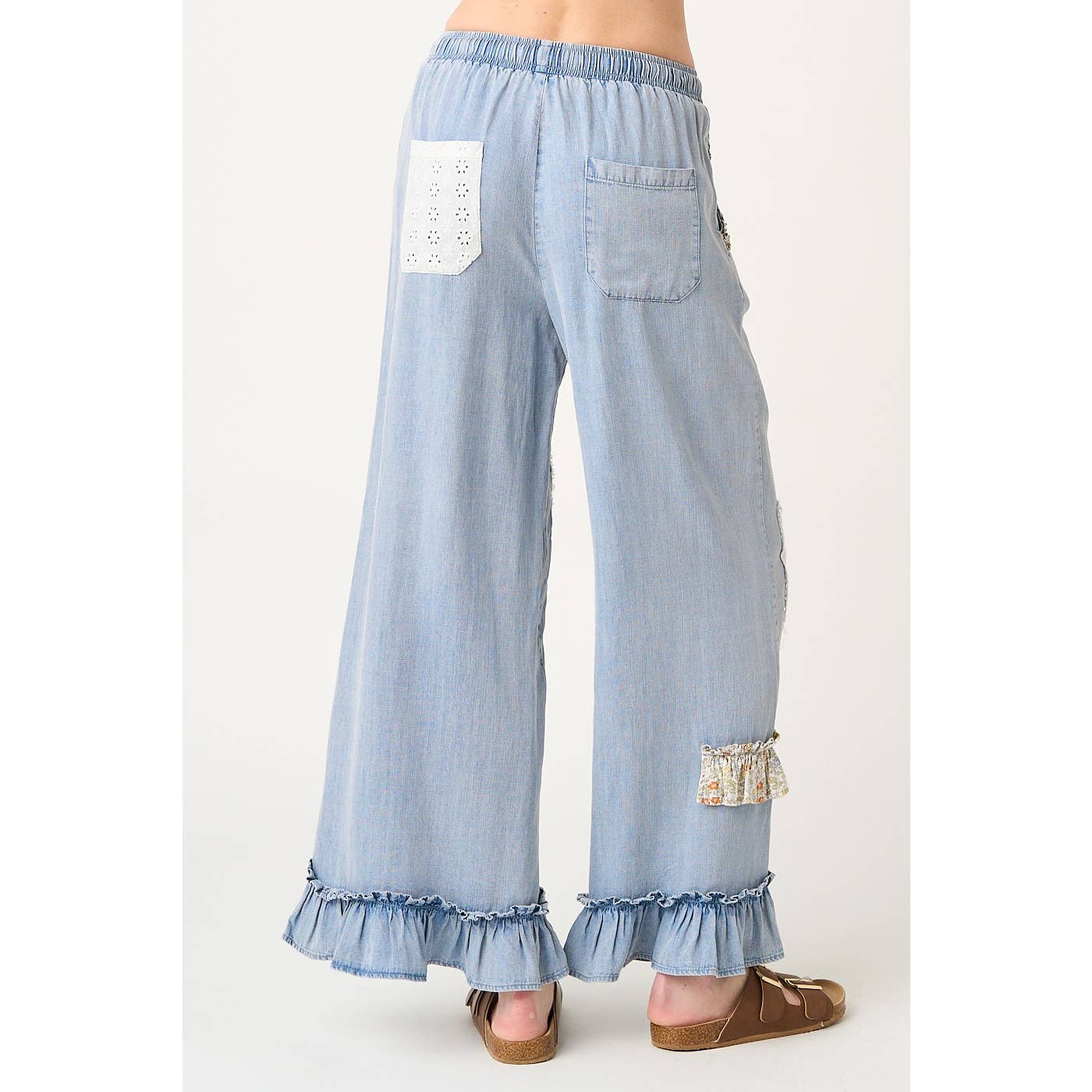 WASHED CHAMBRAY PATCHWORK WIDE LEG PANTS
