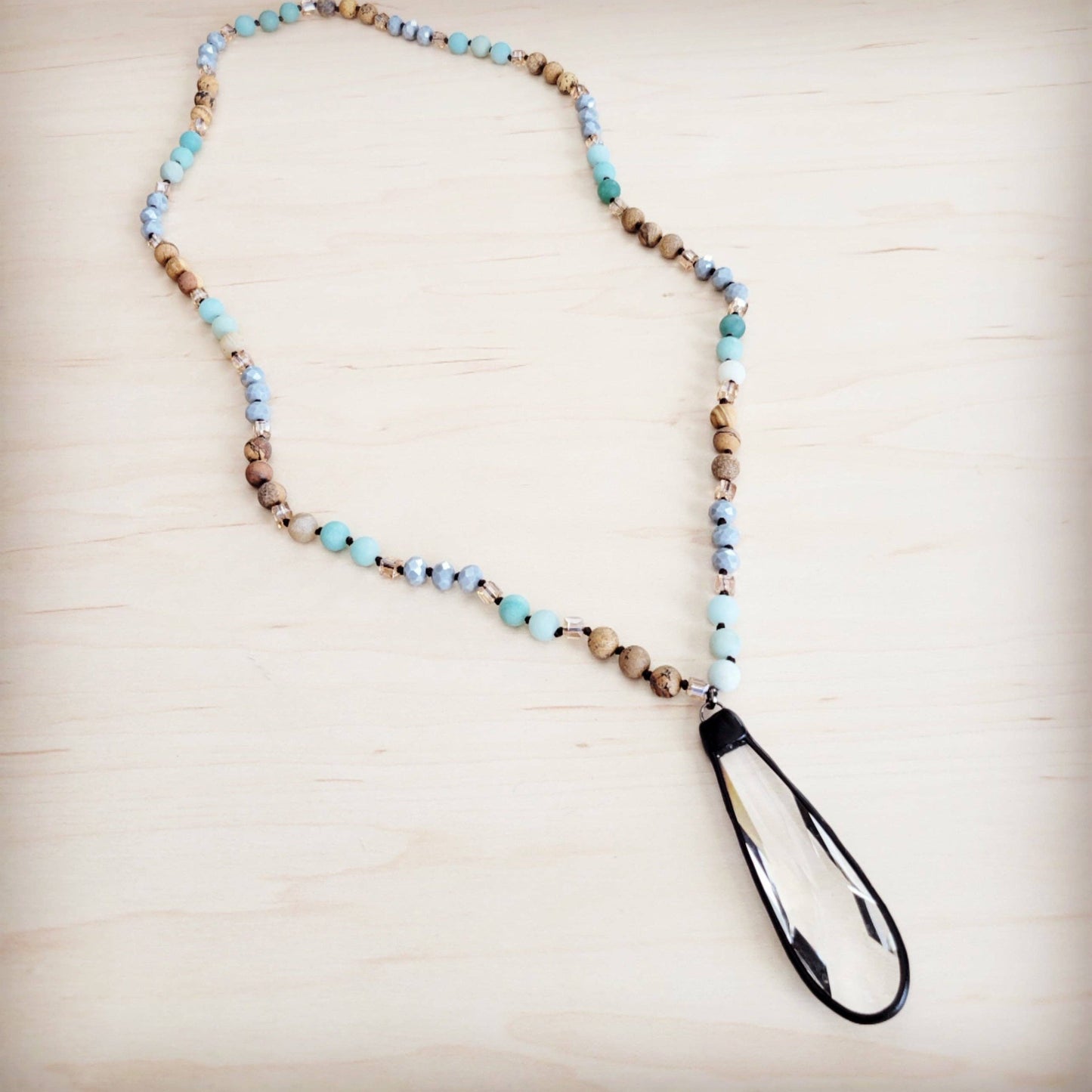 Picture Jasper & Amazonite Long Beaded Necklace w/ Crystal Pendant 262r