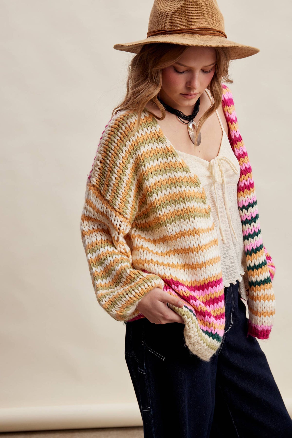 Chunky Multi Stripe Knit Cardigan LSW0731