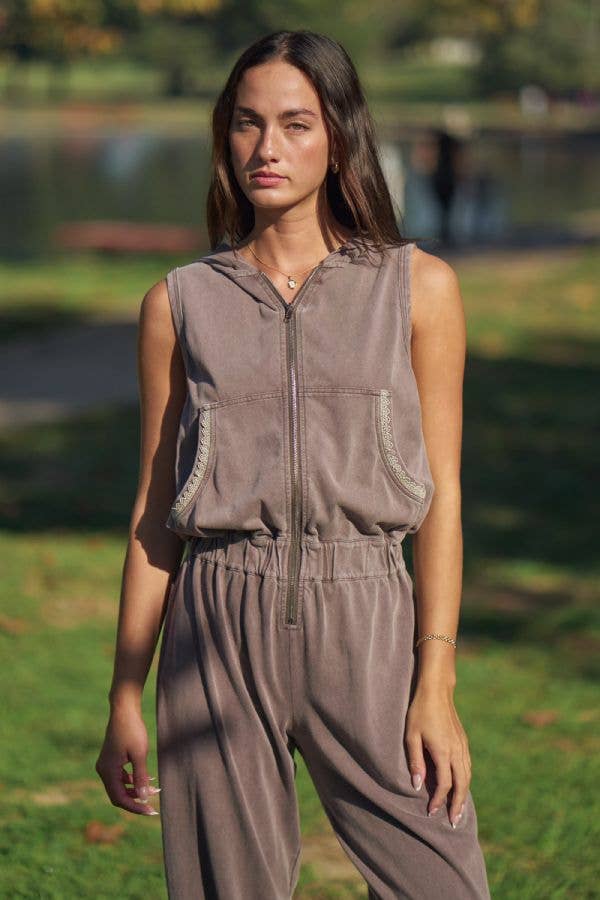 WASHED LACE TRIM HOODIE JOGGER JUMPSUIT