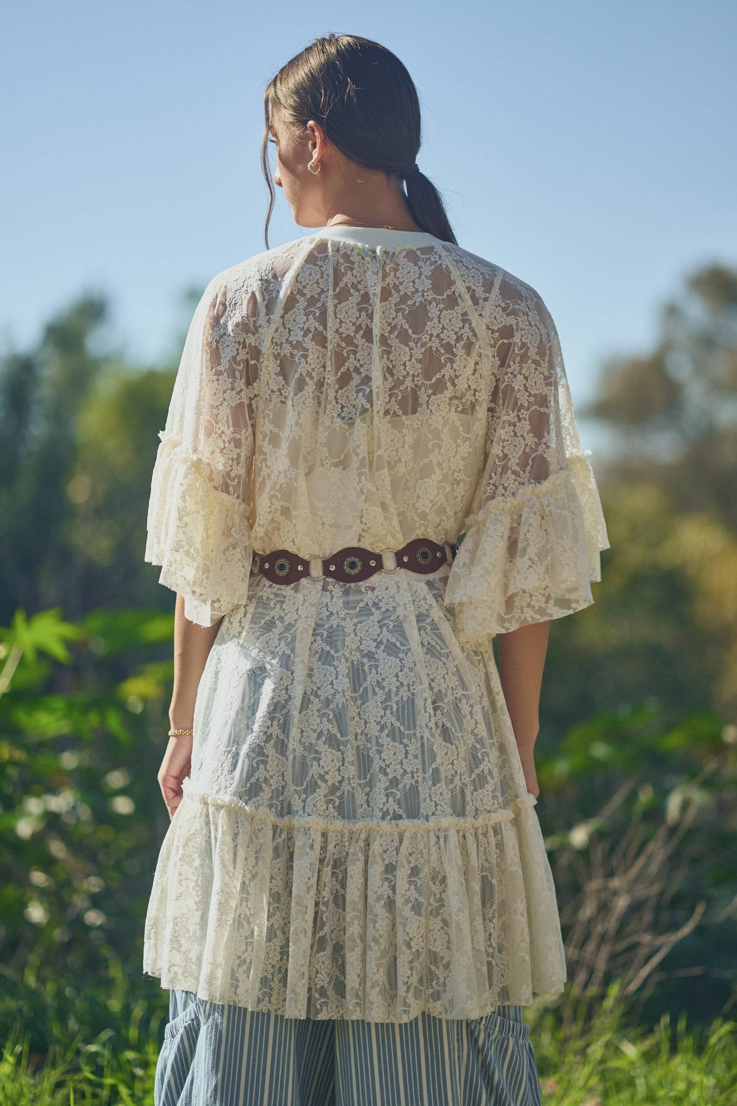 SHEERED LACE TIERED SLEEVE FLOWY TUNIC TOP