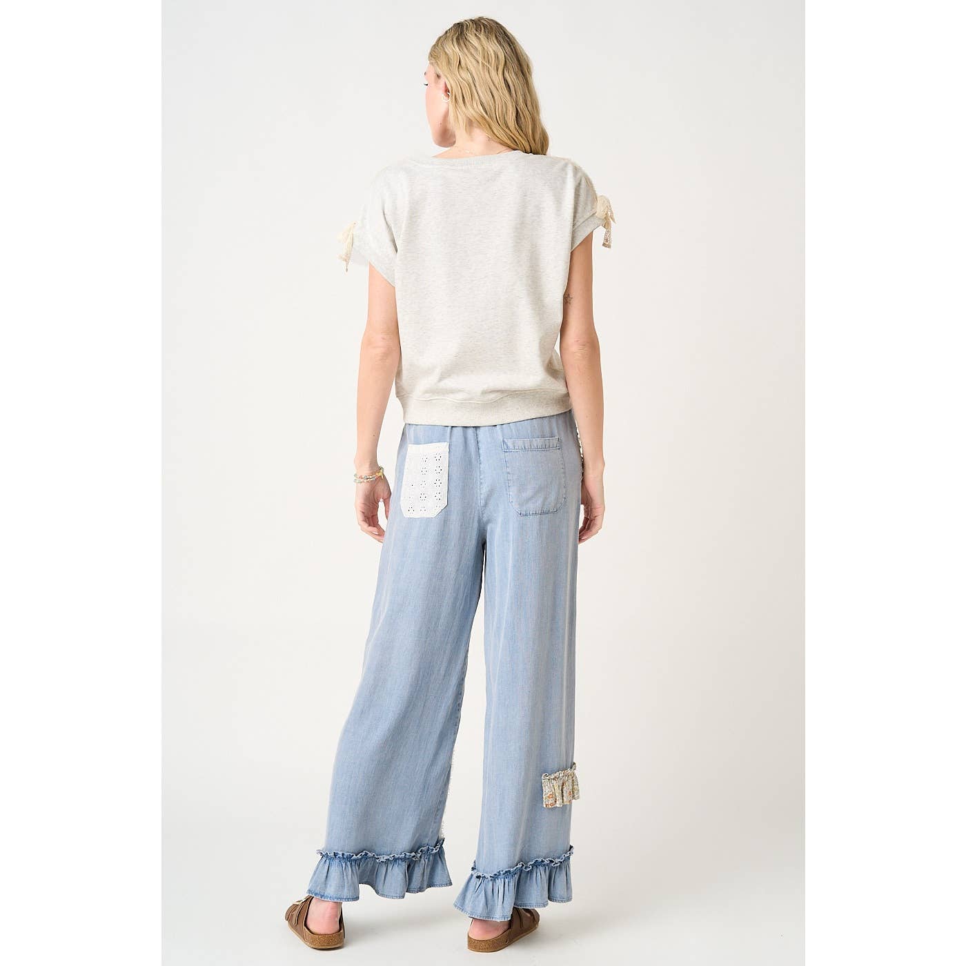 WASHED CHAMBRAY PATCHWORK WIDE LEG PANTS