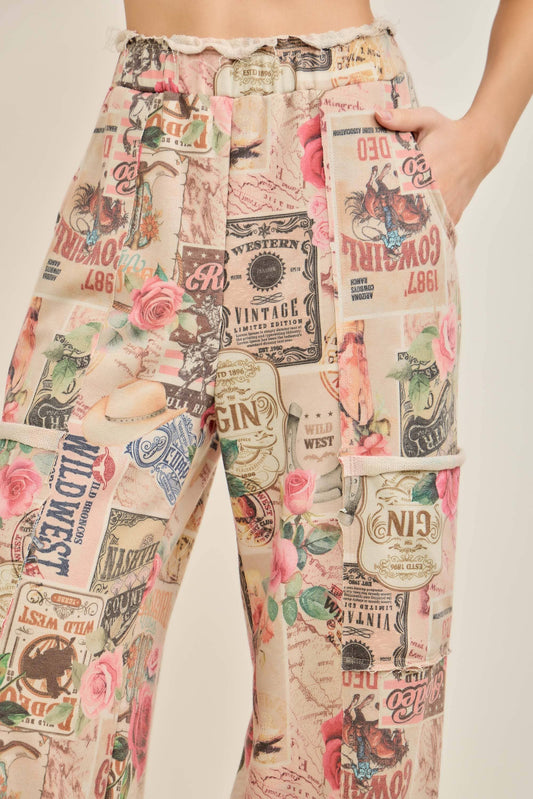 Vintage-inspired Collage Printed Terry Lounge Pants