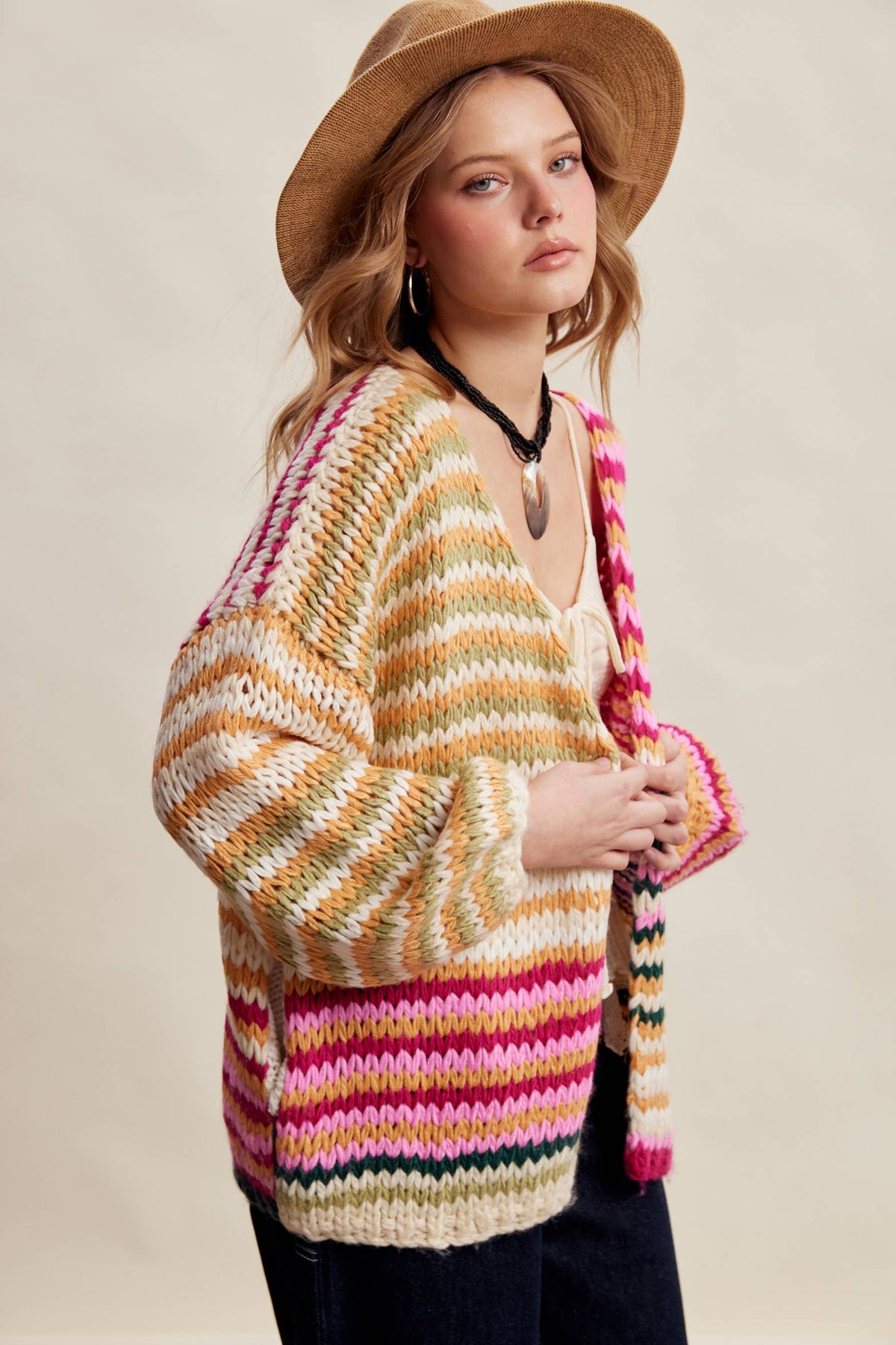 Chunky Multi Stripe Knit Cardigan LSW0731