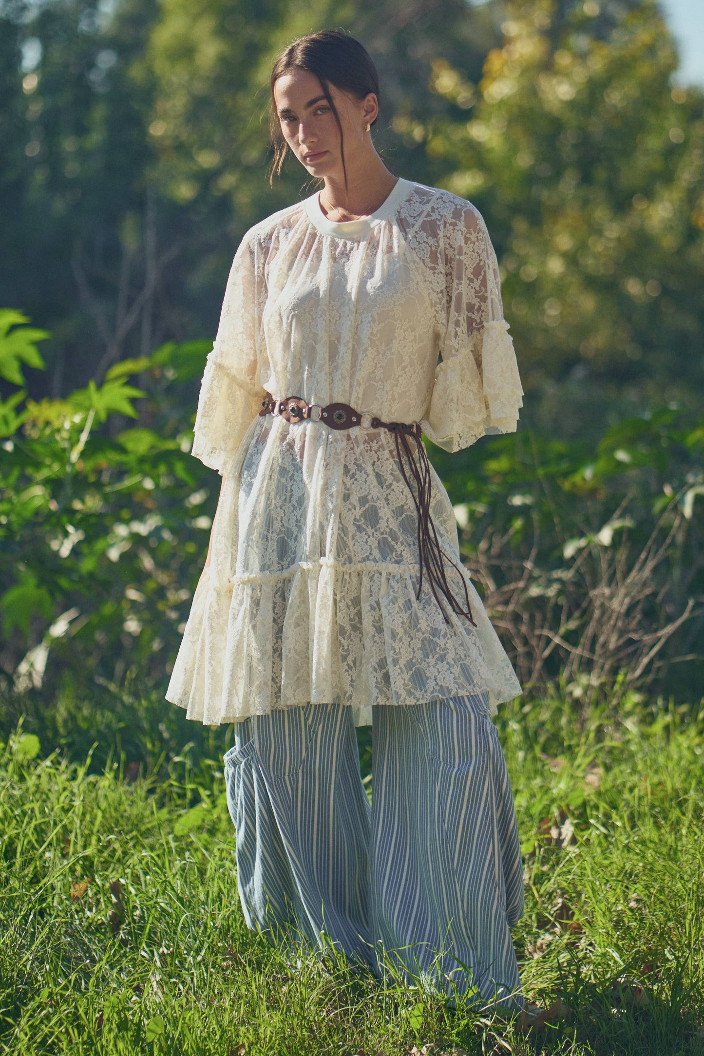 SHEERED LACE TIERED SLEEVE FLOWY TUNIC TOP