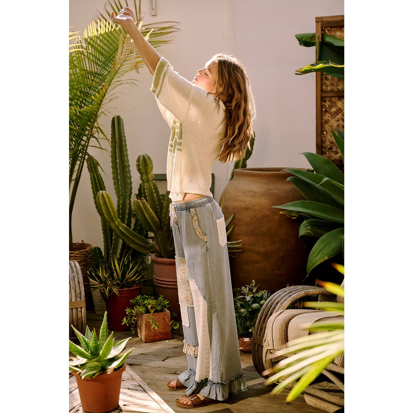 WASHED CHAMBRAY PATCHWORK WIDE LEG PANTS