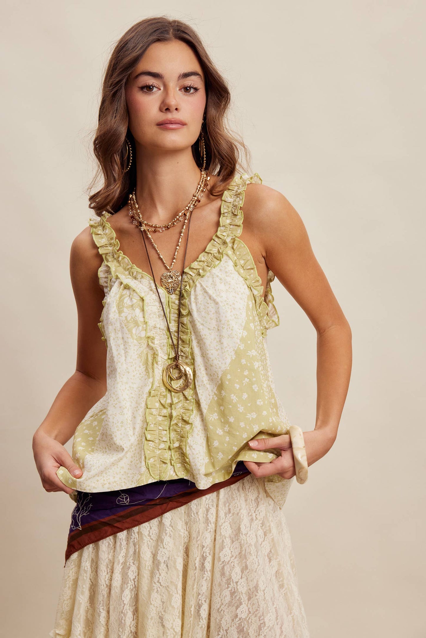 Ruffle Trim Patchwork Tank Top LT1466