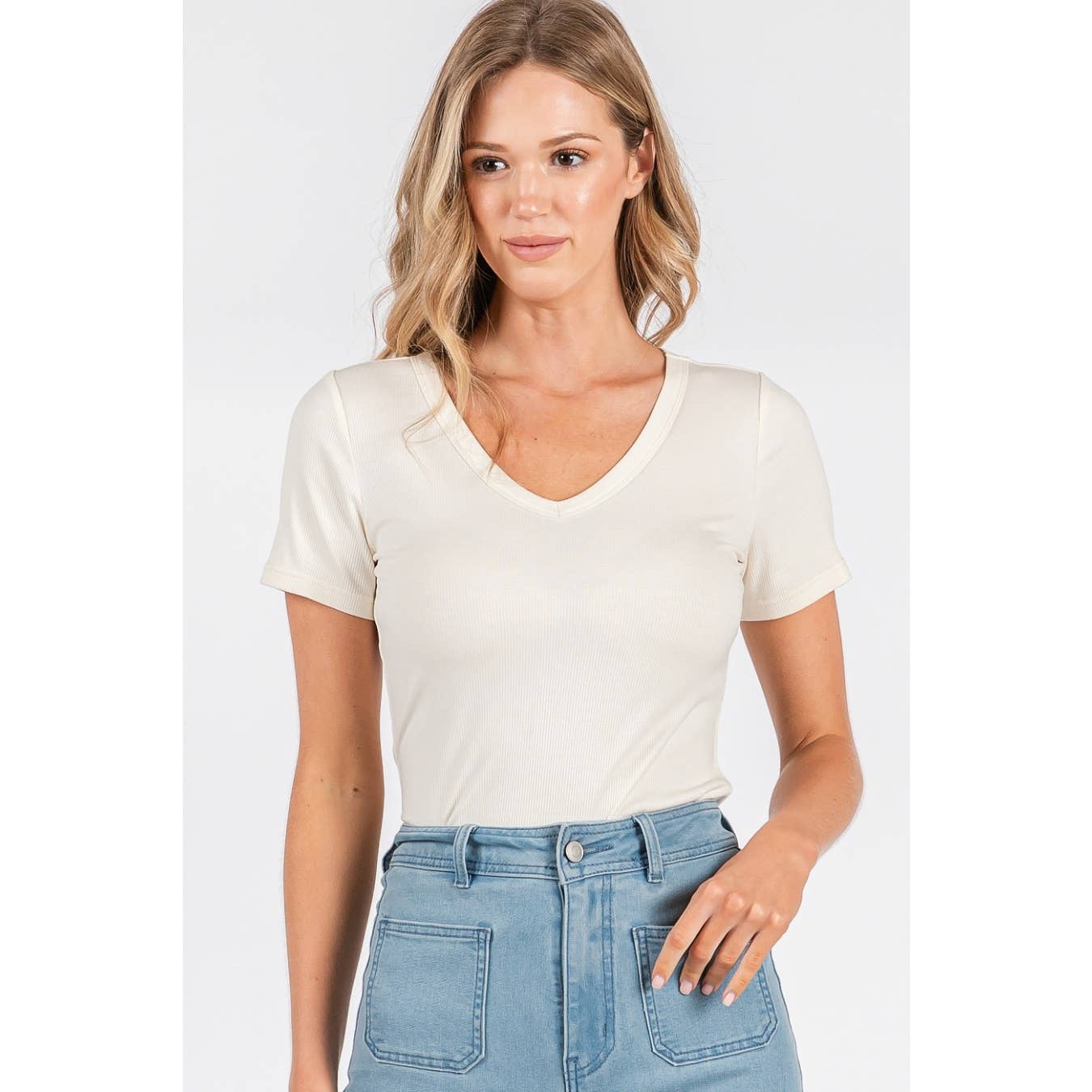 RIBBED V-NECK SHORT SLEEVE BASIC CLASSIC TEE