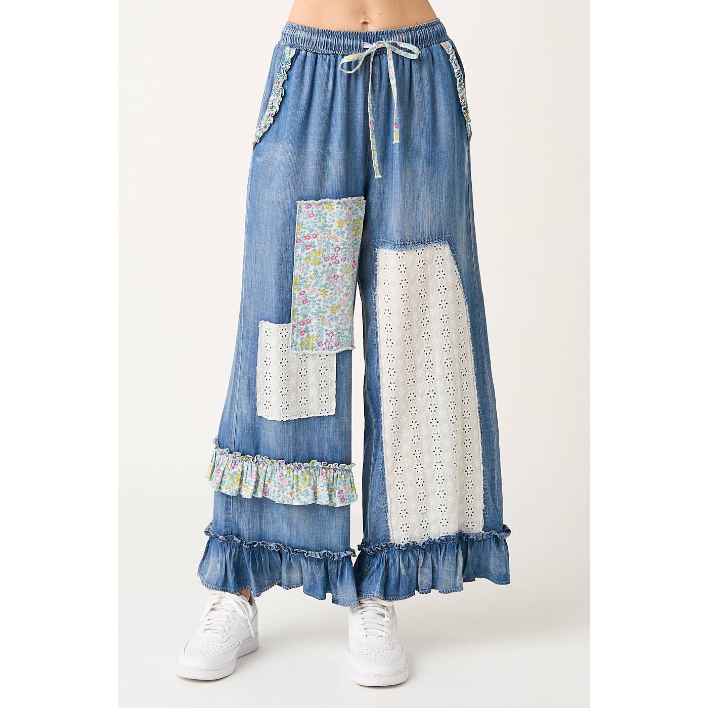 WASHED CHAMBRAY PATCHWORK WIDE LEG PANTS