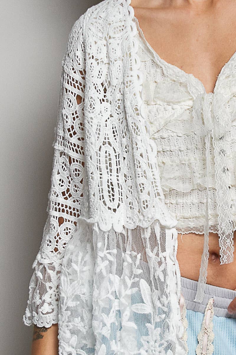 V-neck Short Sleeve Crochet Floral Lace Cardigan