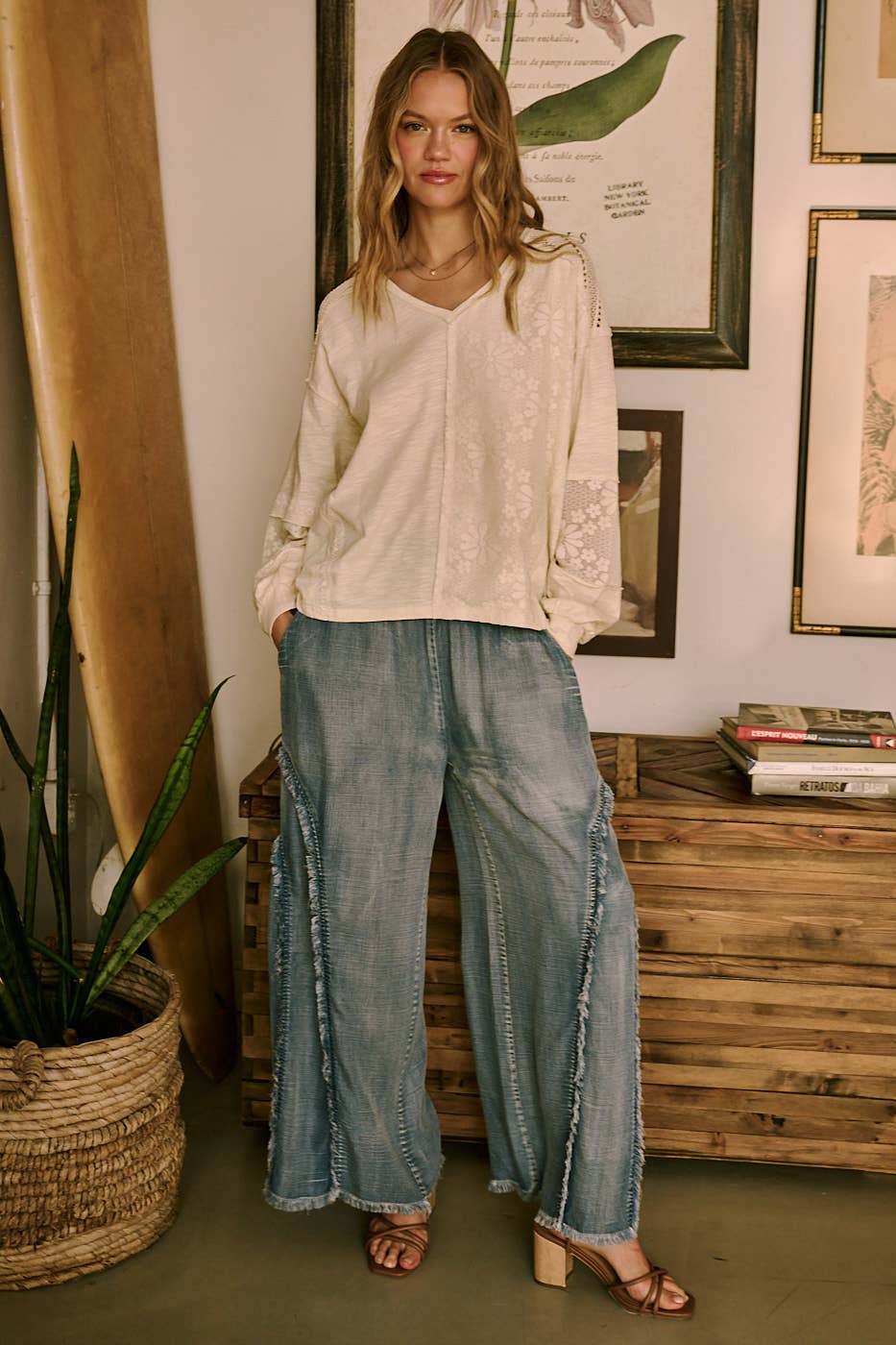 WASHED CHAMBRAY SMOCKED FRINGE WIDE LEG PANTS