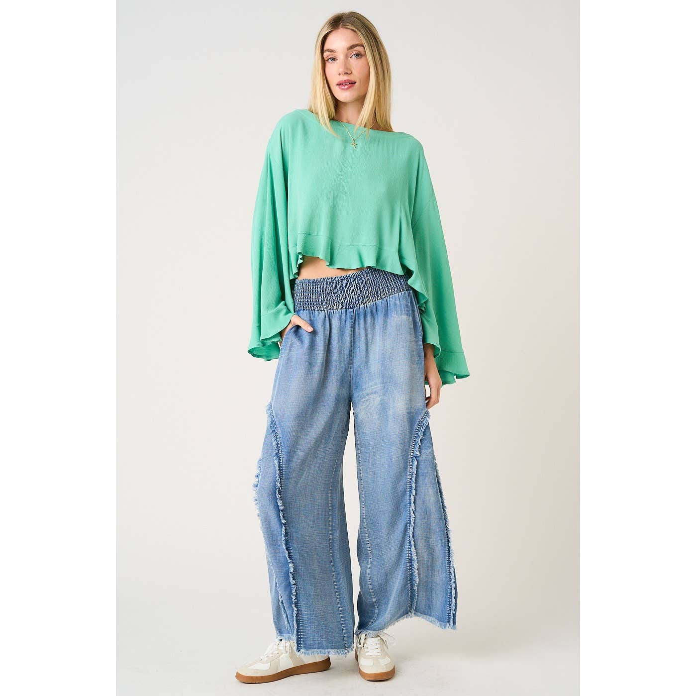 WASHED CHAMBRAY SMOCKED FRINGE WIDE LEG PANTS