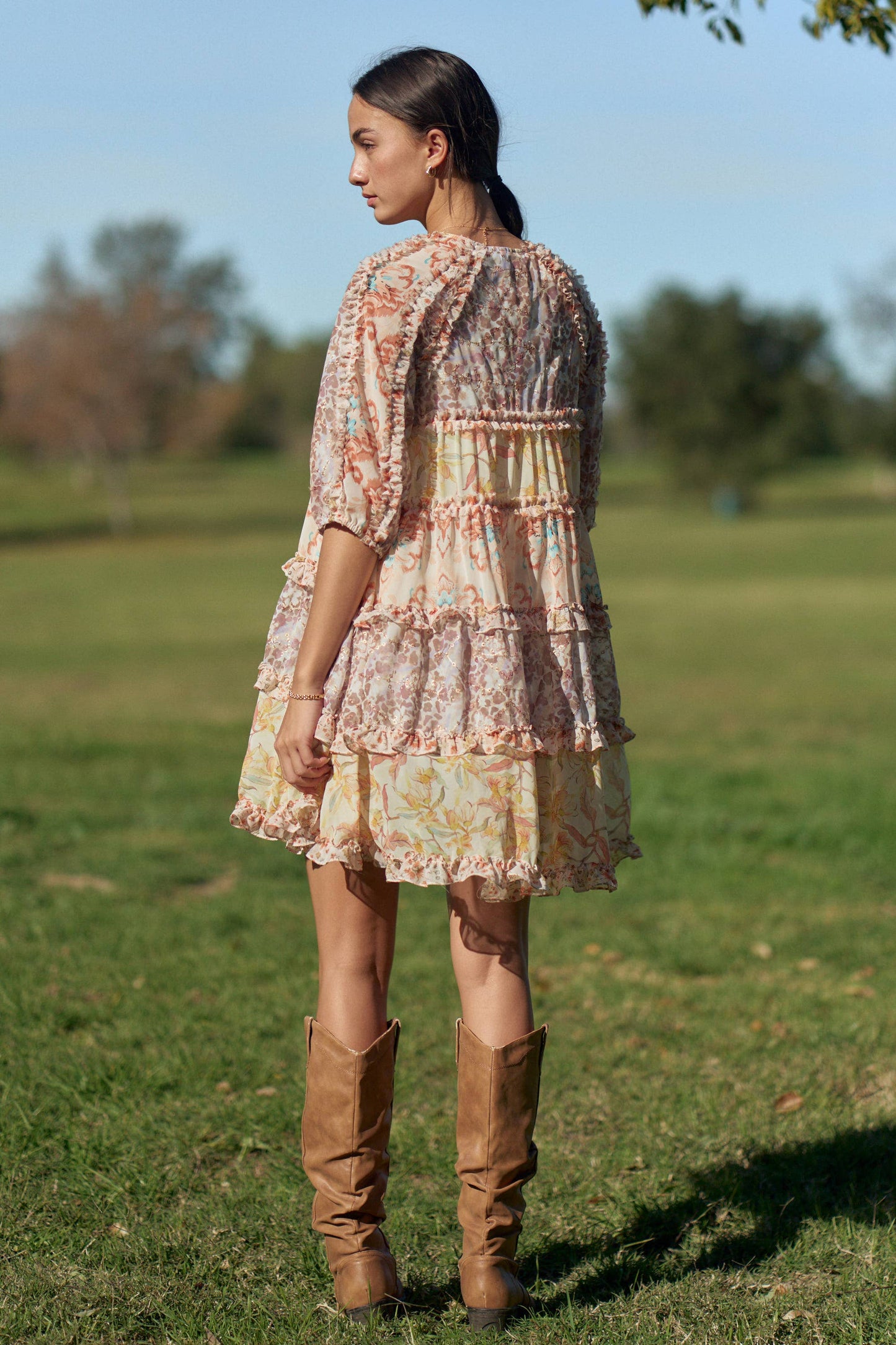 PRINTED CHIFFON MIXED RUFFLE DETAIL TIERED DRESS