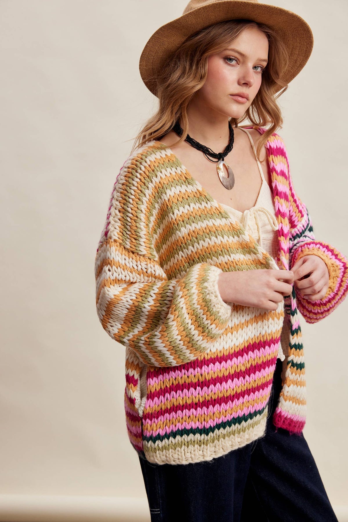 Chunky Multi Stripe Knit Cardigan LSW0731