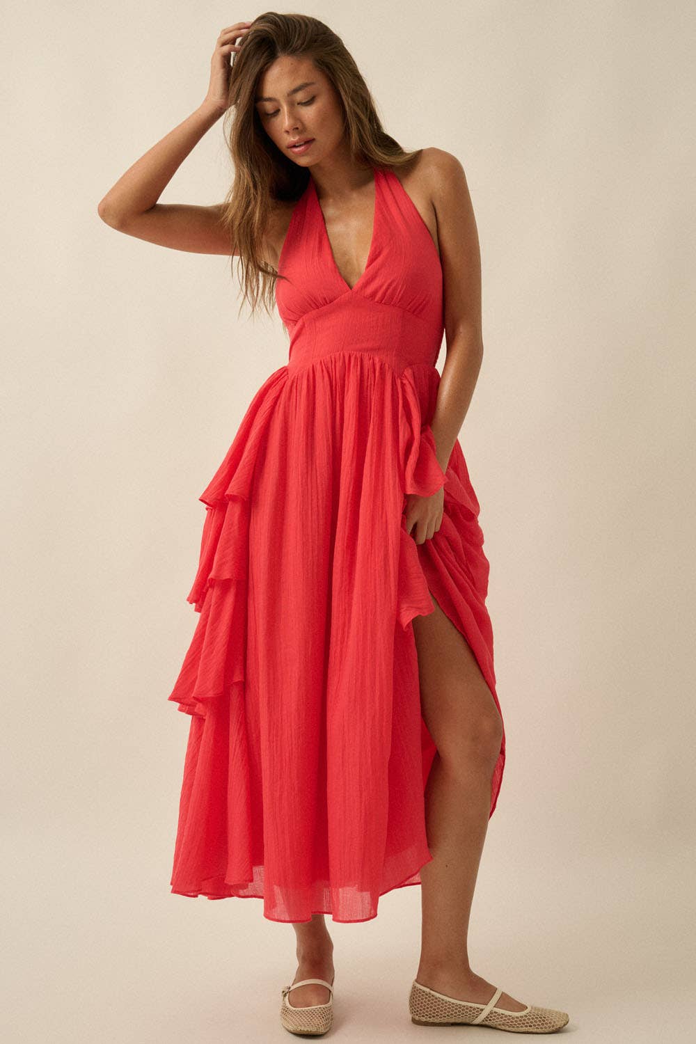 Solid Woven Tiered Ruffle Open-Back Halter Maxi Dress