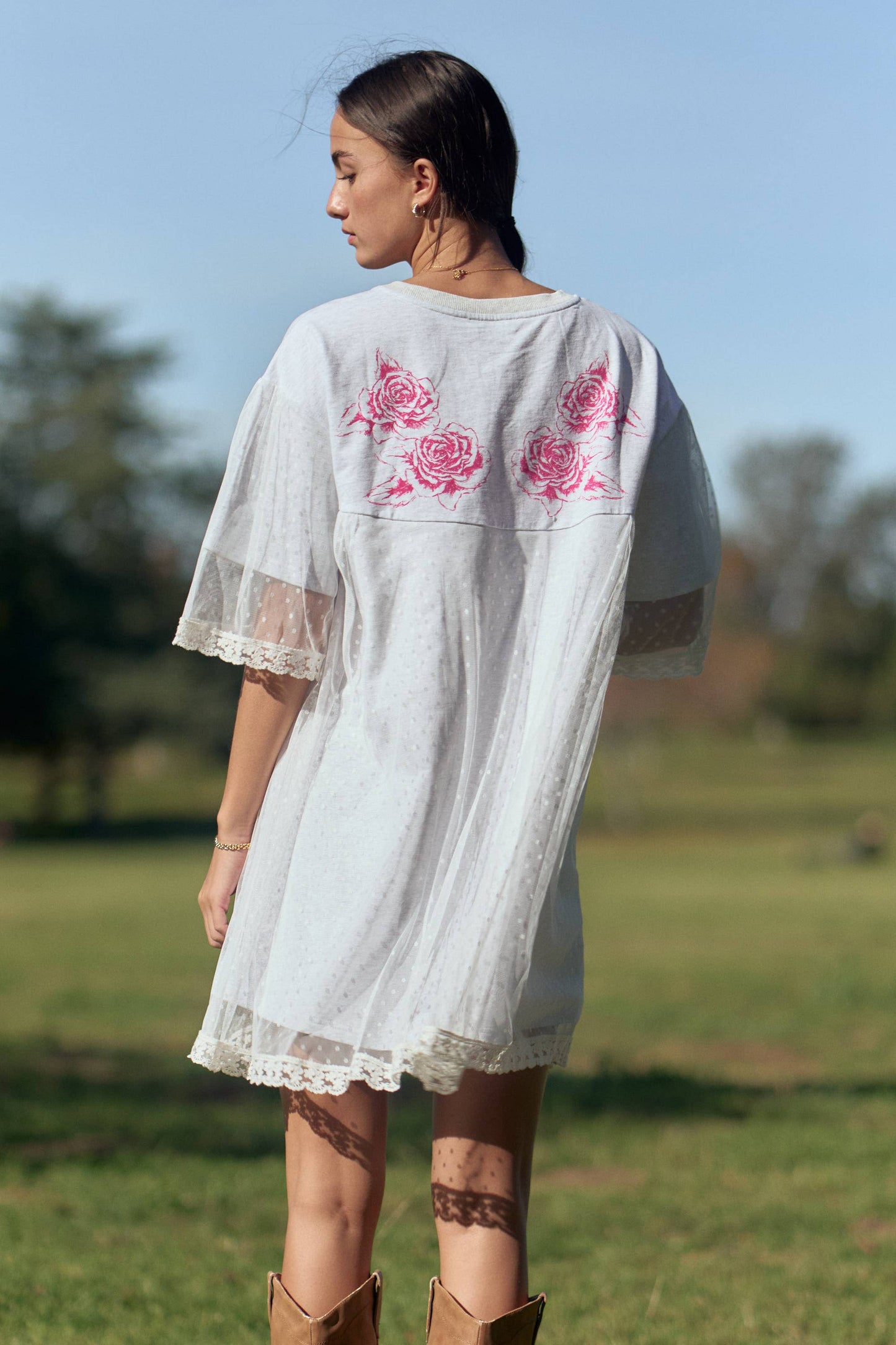 ANGEL PRINTED TERRY DOTTED MESH LAYERED DRESS