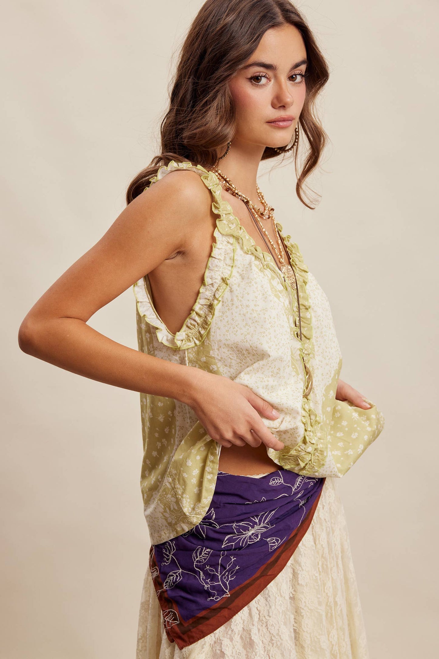 Ruffle Trim Patchwork Tank Top LT1466