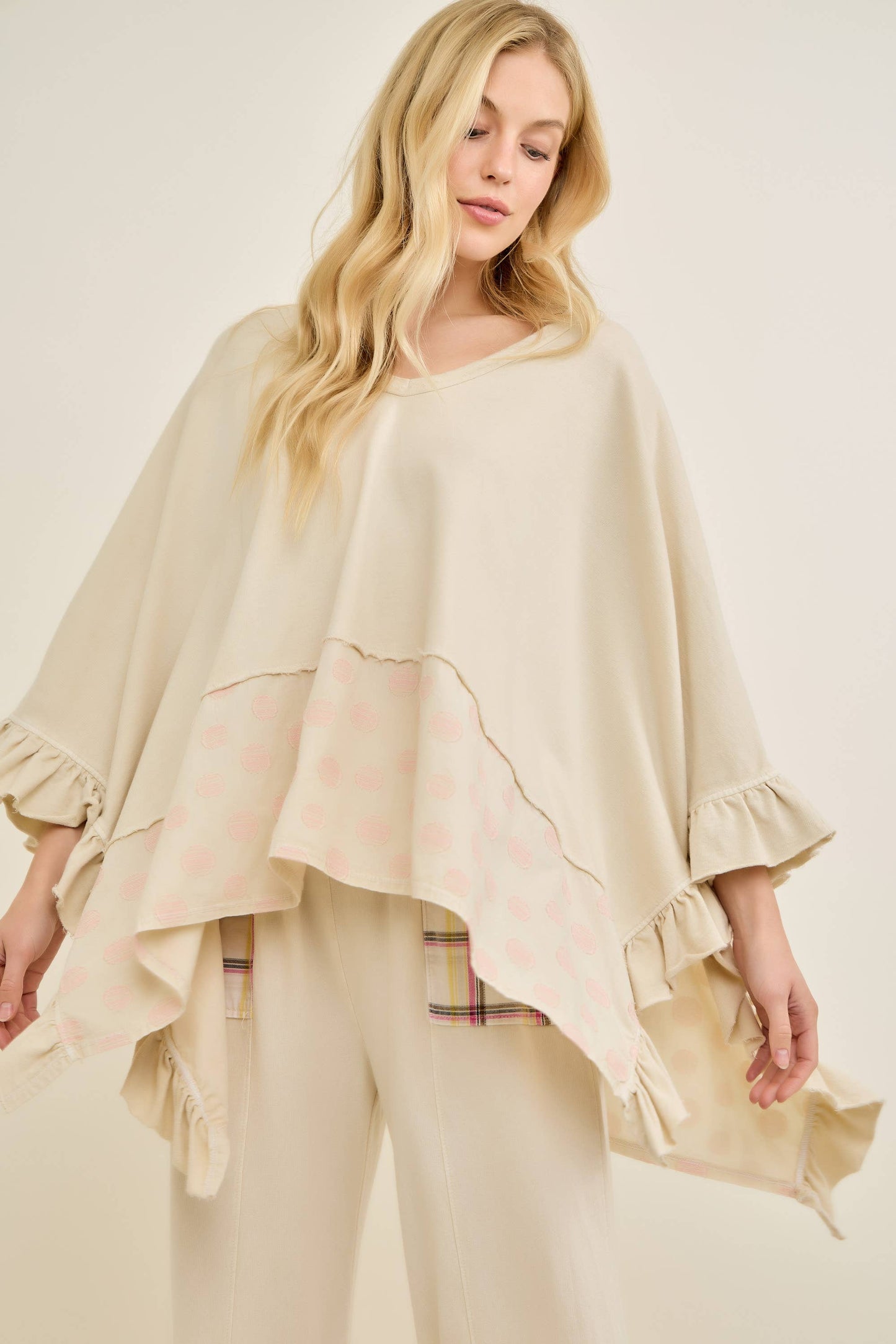 Mineral Washed Boho Polkadot Ruffle Poncho top HT7014P1
