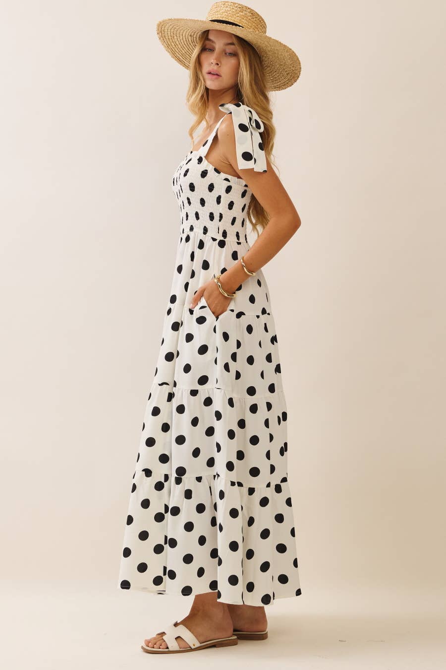 Polka Dot Sleeveless Tired Midi Dress With Smocked Top