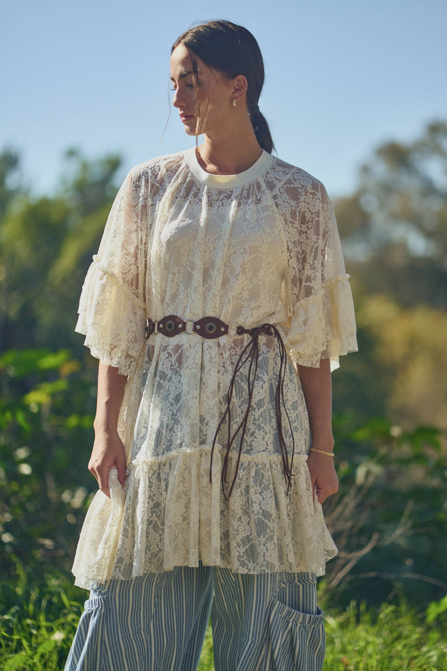 SHEERED LACE TIERED SLEEVE FLOWY TUNIC TOP