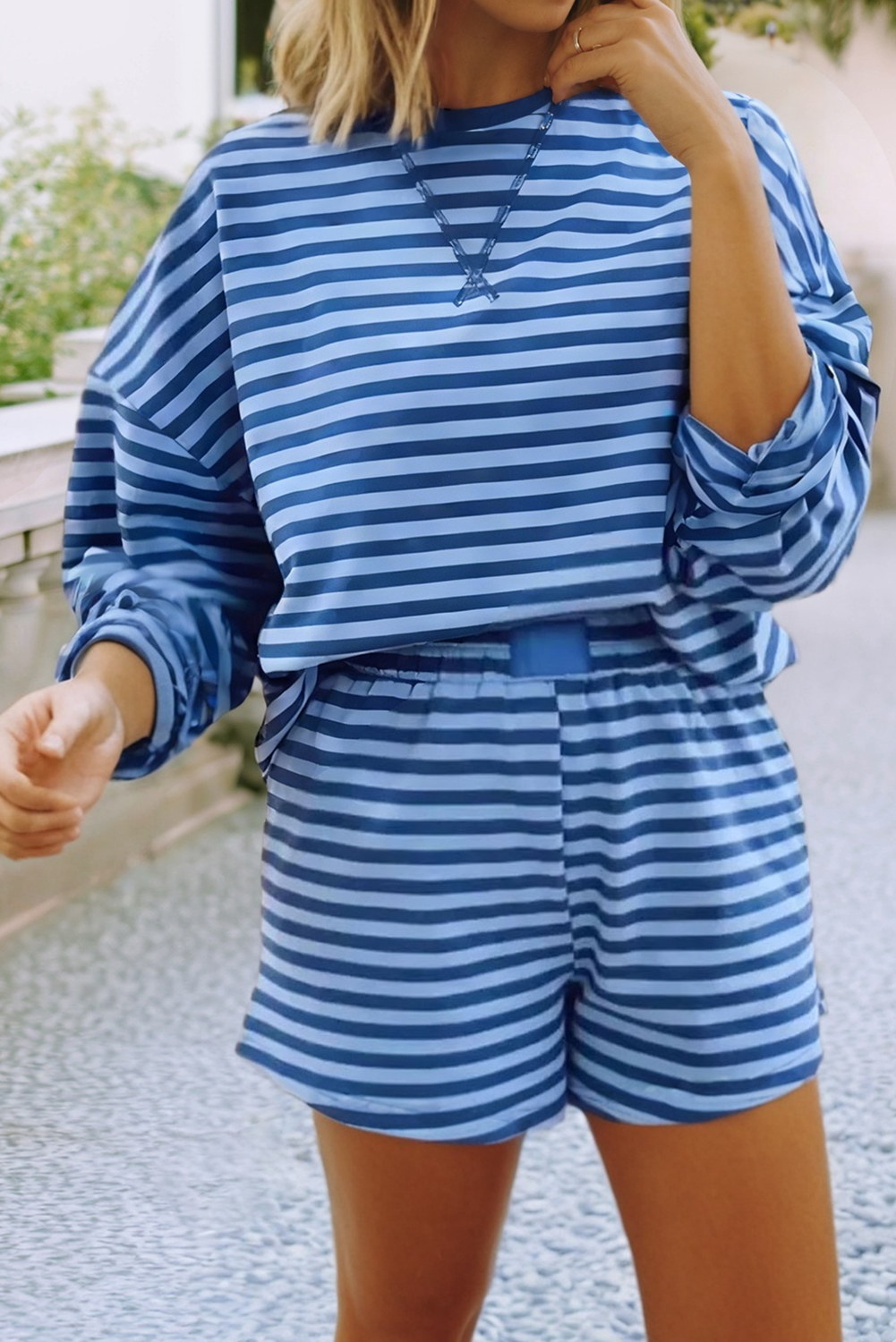 LDC Drop Shoulder Pullover Elastic Waist Striped Short Set