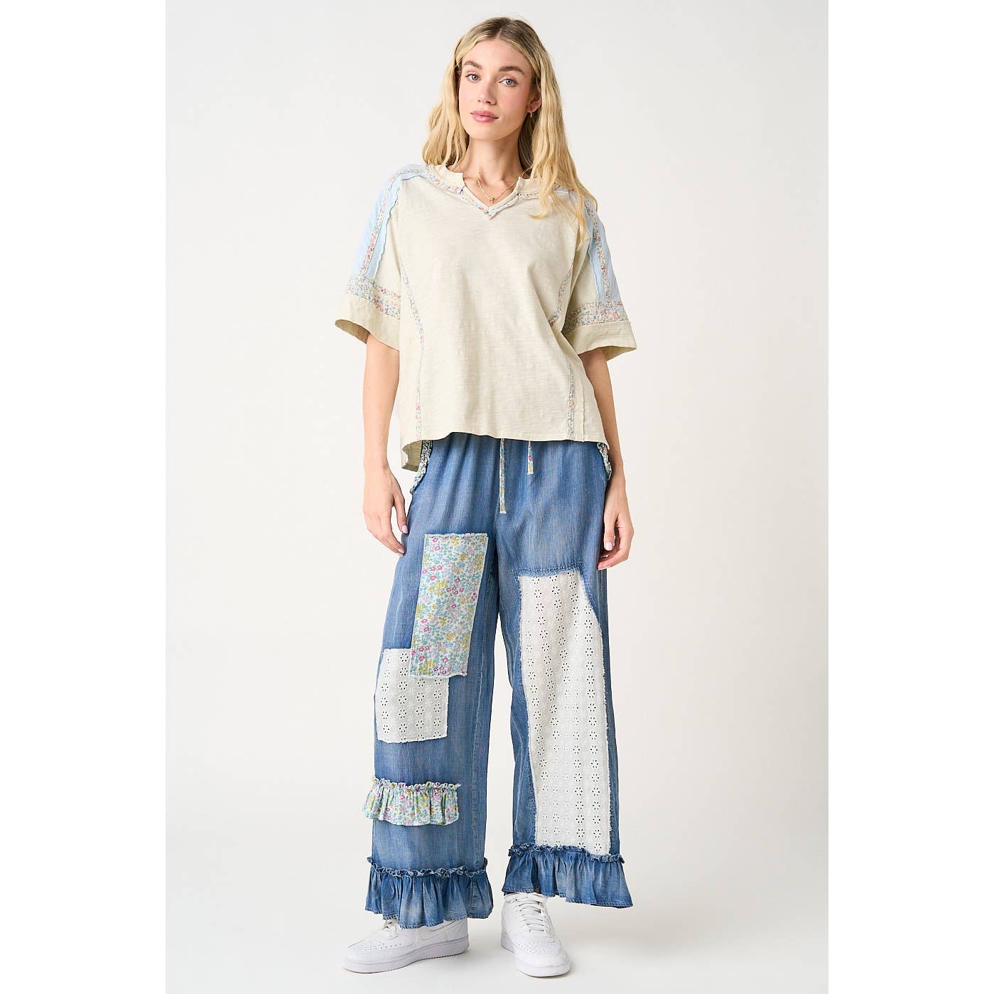 WASHED CHAMBRAY PATCHWORK WIDE LEG PANTS