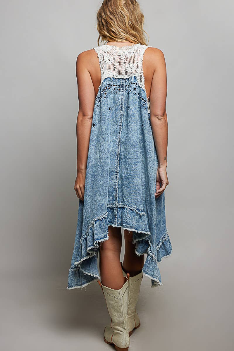 Crochet Patch Sleeveless Solid Crafted Denim Casual Dress