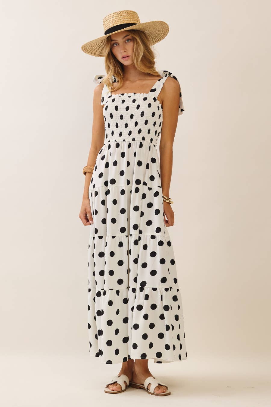 Polka Dot Sleeveless Tired Midi Dress With Smocked Top