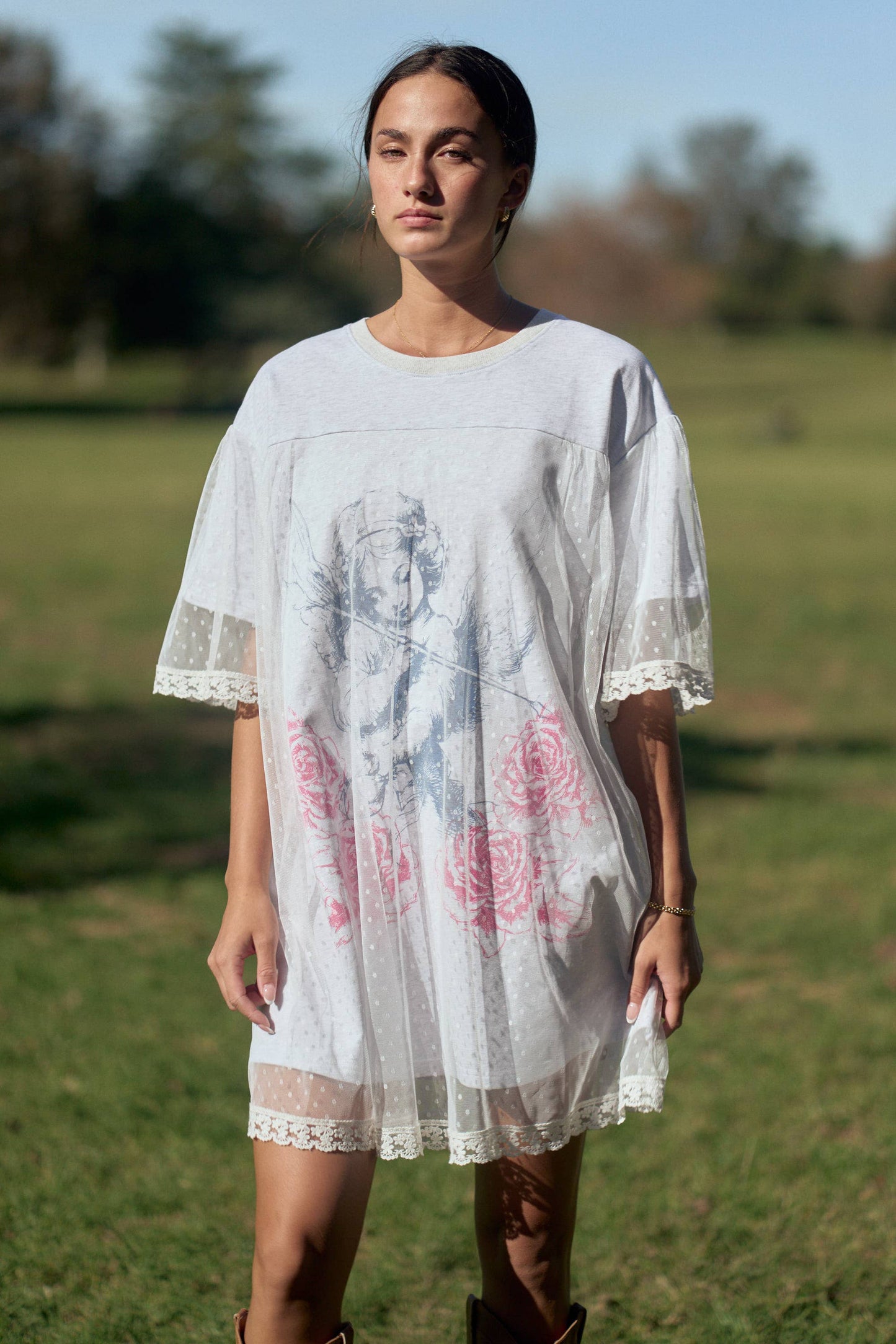 ANGEL PRINTED TERRY DOTTED MESH LAYERED DRESS