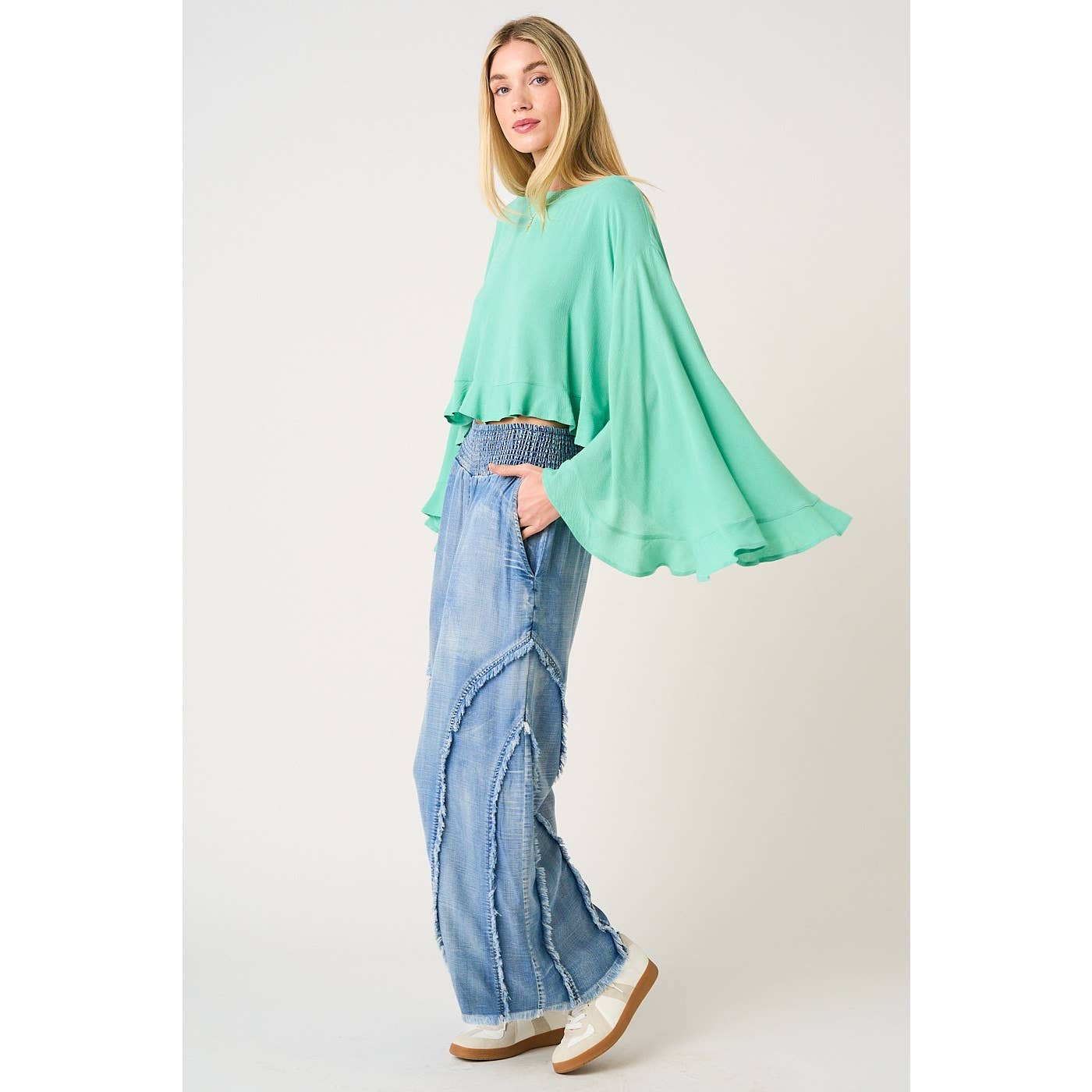 WASHED CHAMBRAY SMOCKED FRINGE WIDE LEG PANTS