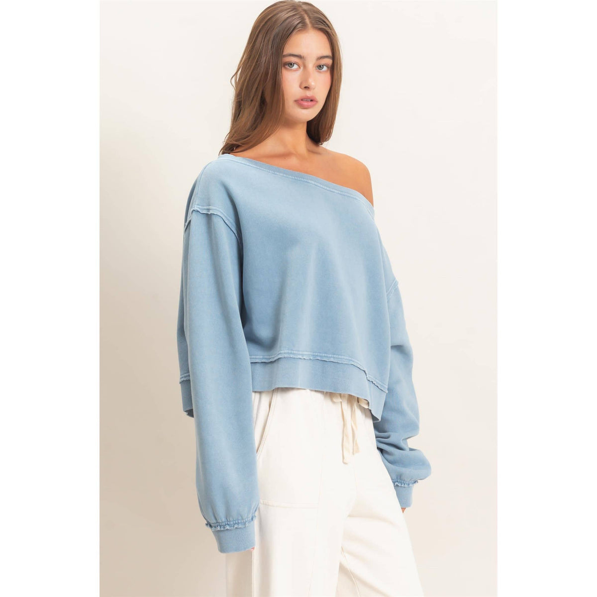 Raw Edge Acid Wash Off The Shoulder Sweatshirt