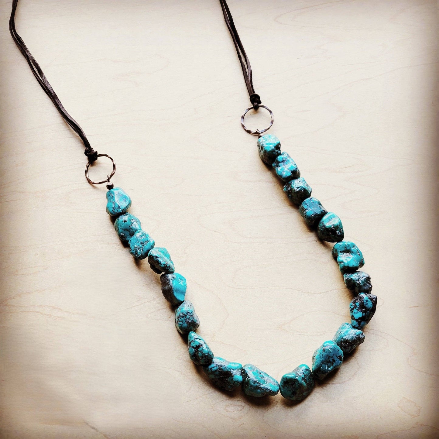**Chunky Blue/green Natural Turquoise Necklace w/ Leather Ties 255z