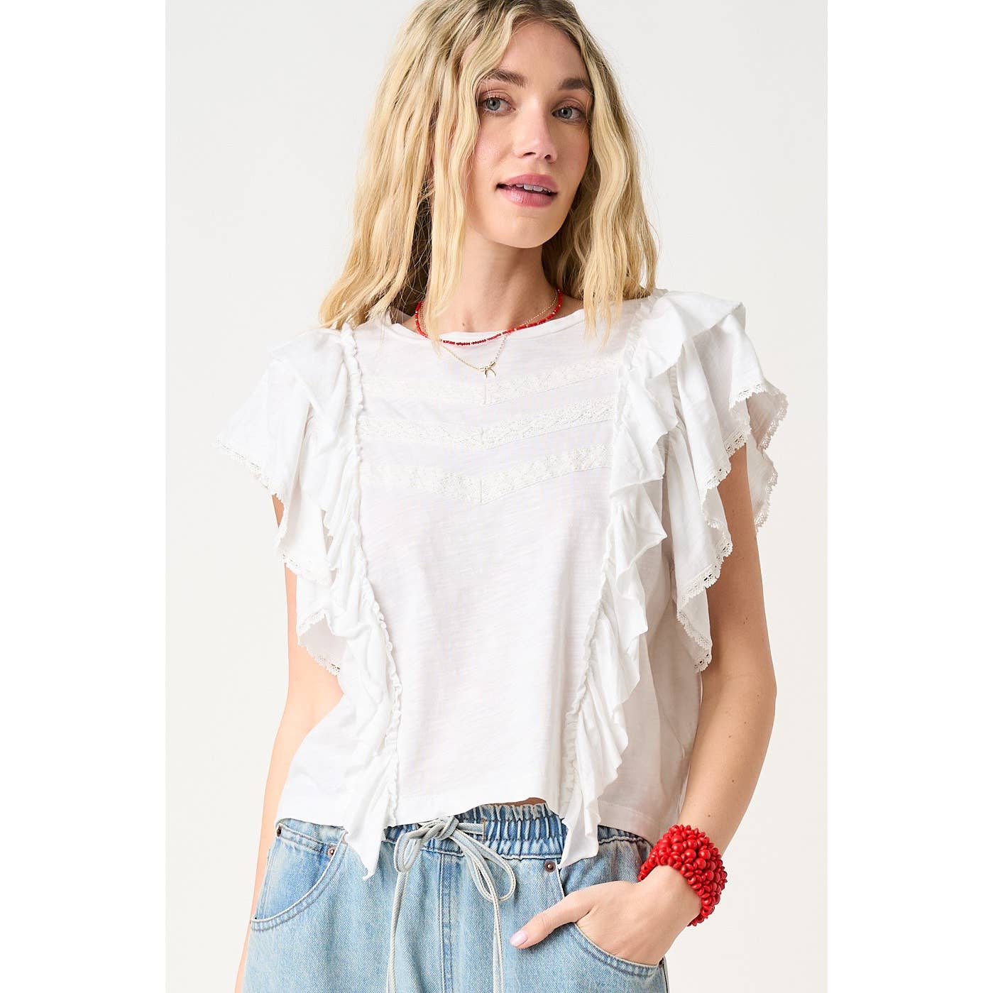 LACE AND RUFFLE ROUND NECK SHORT SLEEVE TOP