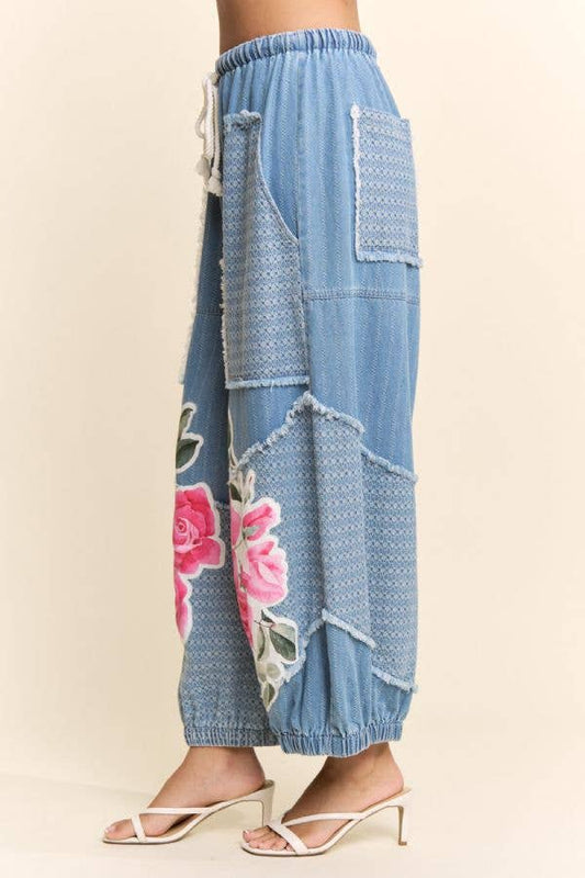PRINTED FLOWER PATCHWORK PANTS