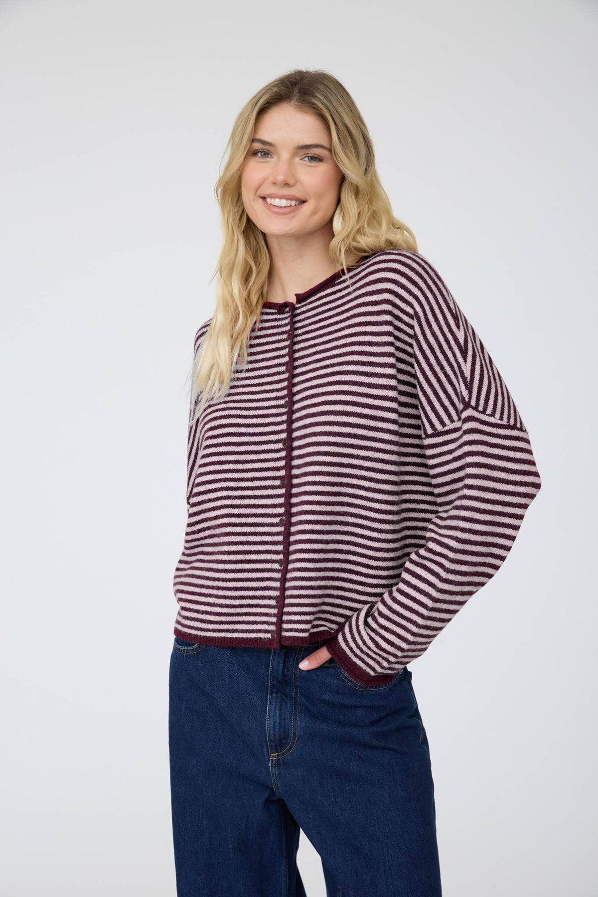 STRIPE RAW EDGE BUTTON DOWN LONG SLEEVE CARDIGAN