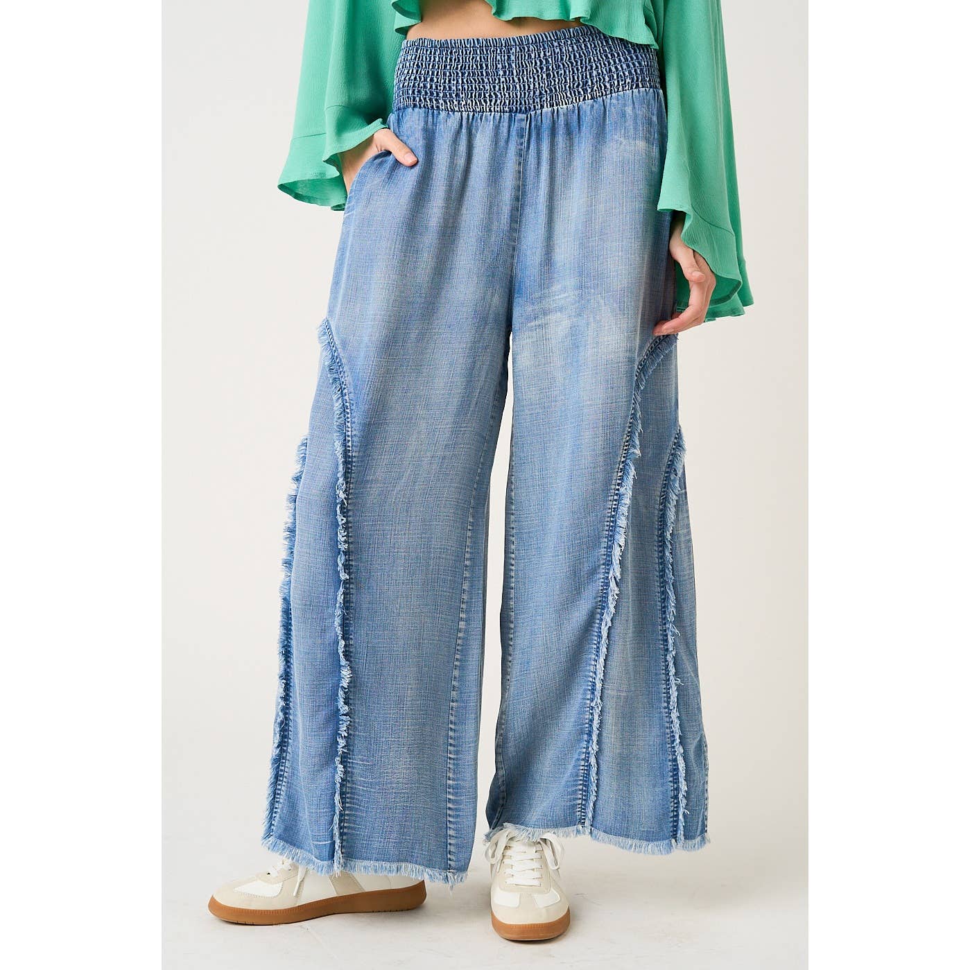 WASHED CHAMBRAY SMOCKED FRINGE WIDE LEG PANTS
