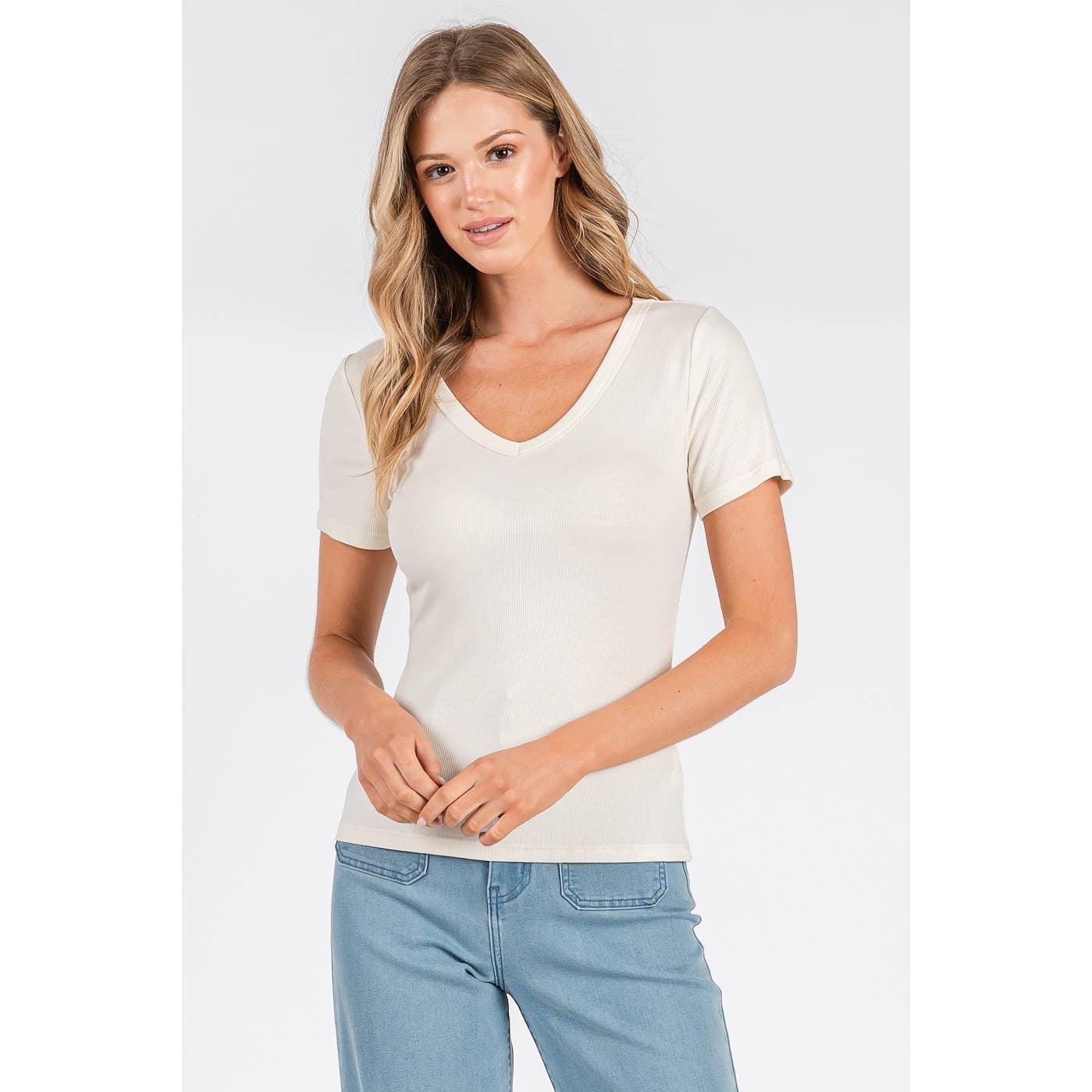 RIBBED V-NECK SHORT SLEEVE BASIC CLASSIC TEE
