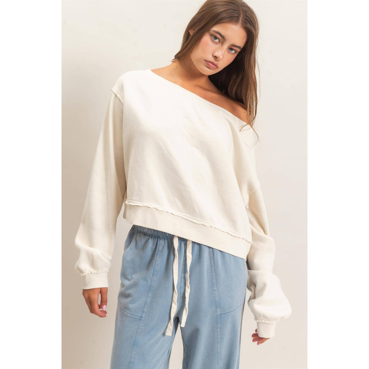 Raw Edge Acid Wash Off The Shoulder Sweatshirt