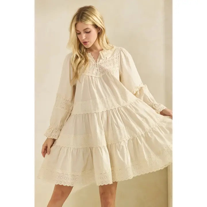 Sage + fig cream ruffle dress