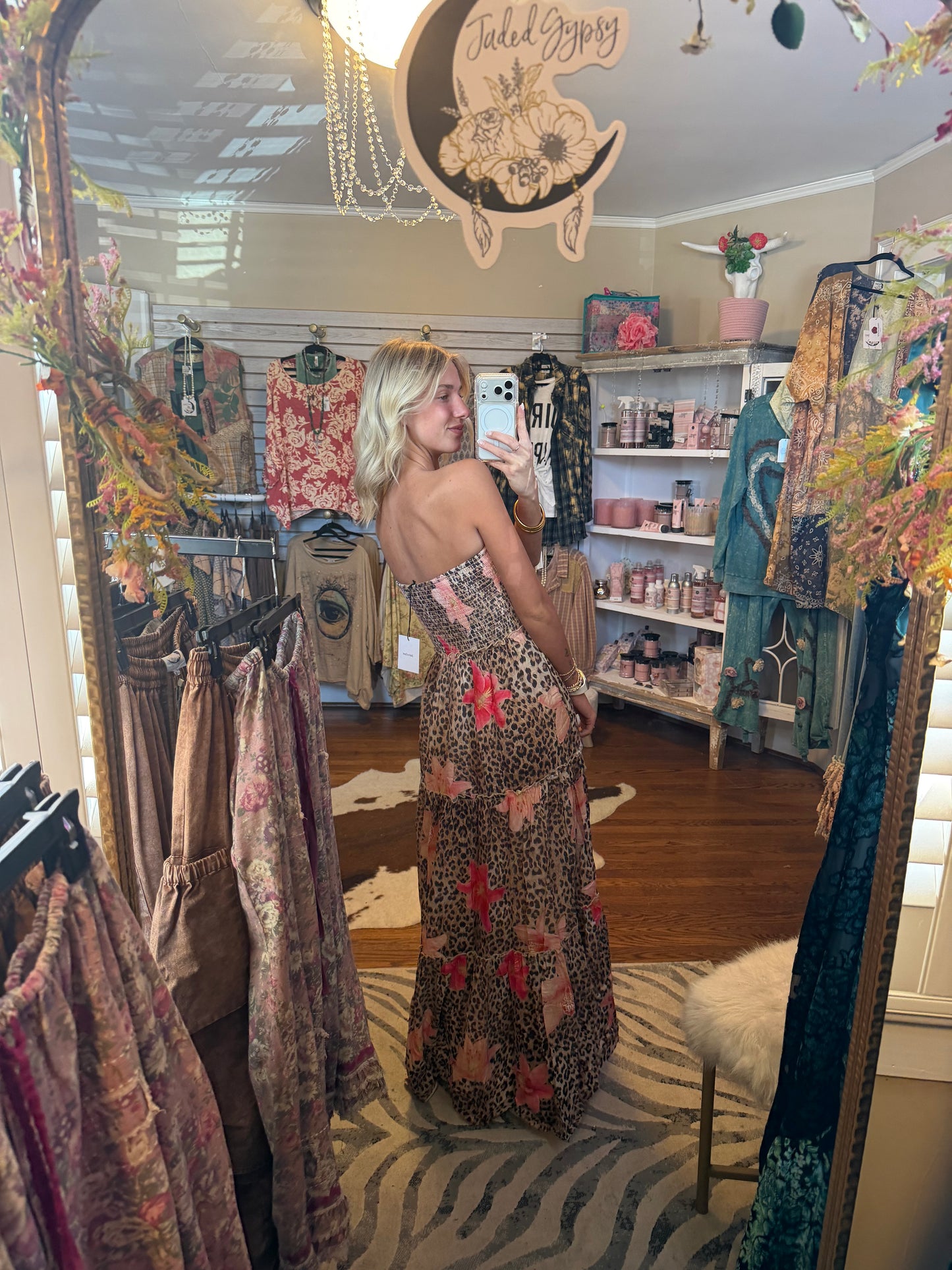 Davi & Dani leopard floral strapless dress